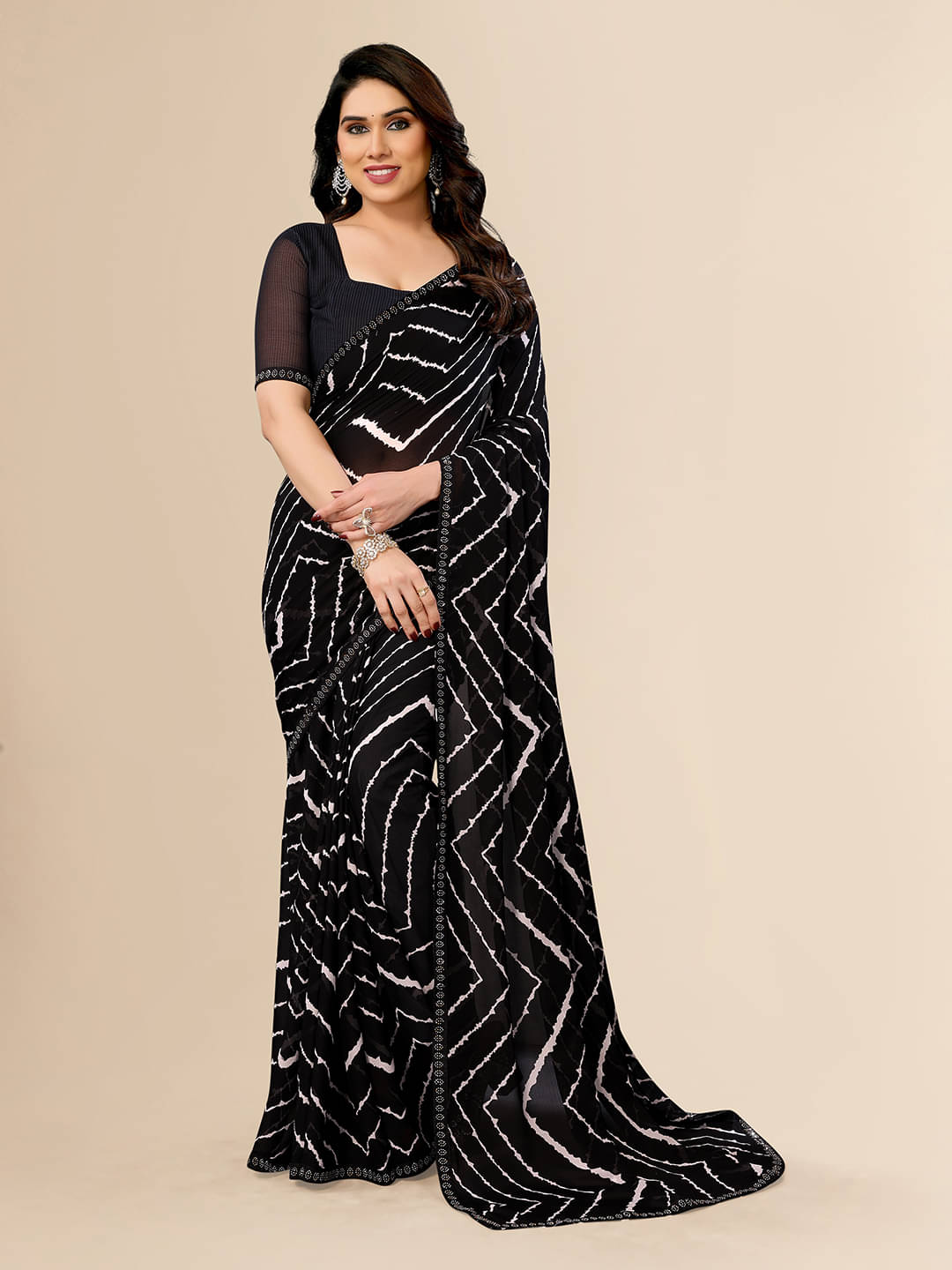 ANAND SAREES Georgette Embellished Leheriya Saree With Unstitched Blouse Piece ( Black ) ANAND SAREES Georgette Embellished Leheriya Saree With Unstitched Blouse Piece ( Black )
