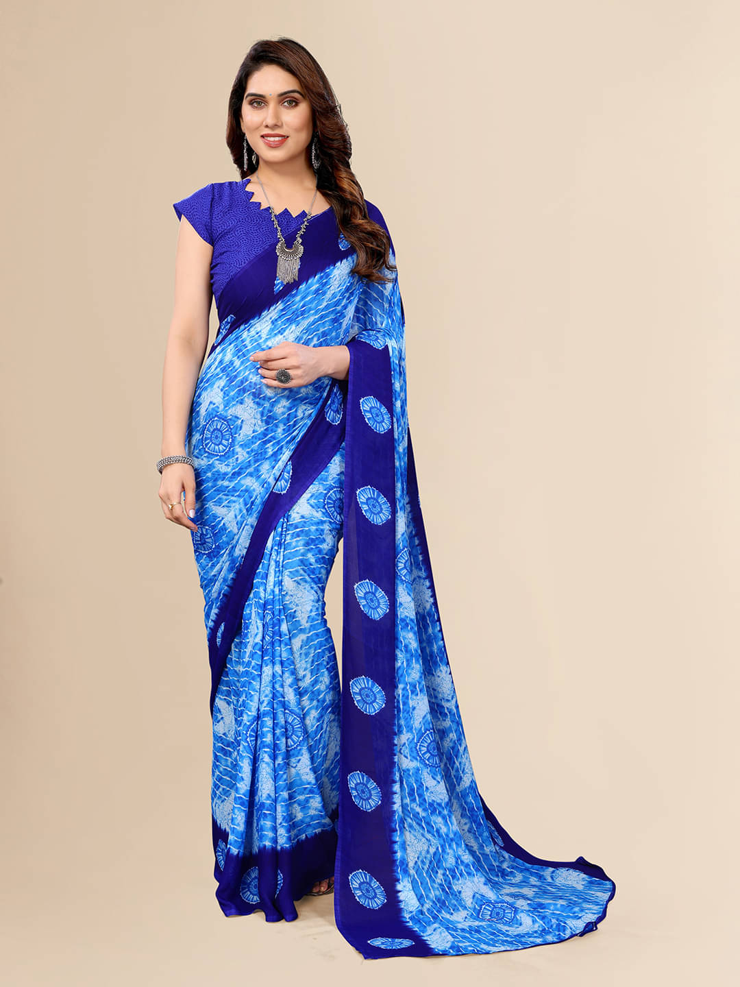     			ANAND SAREES Georgette Printed Leheriya Saree With Unstitched Blouse Piece ( Blue )