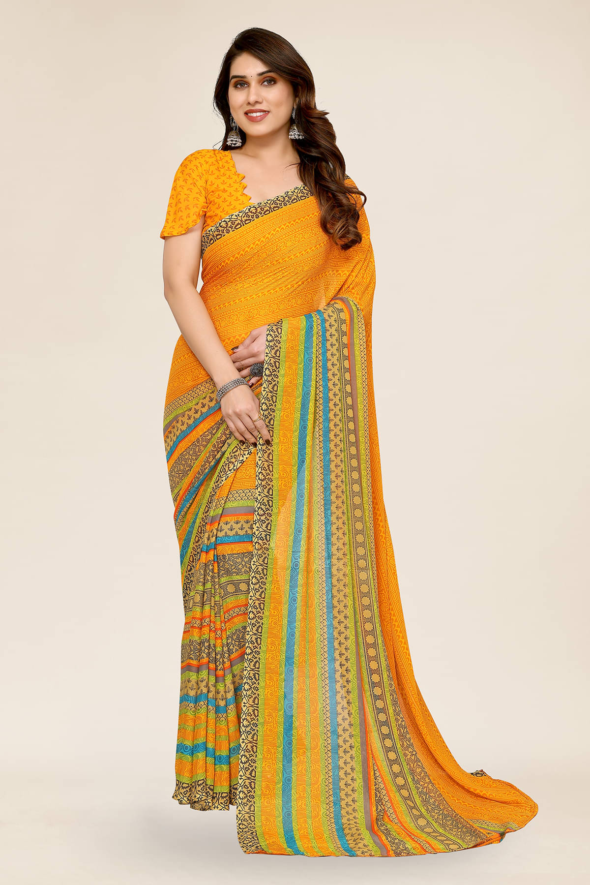 ANAND SAREES Georgette Printed Chanderi saree With Unstitched Blouse Piece ( Yellow ) ANAND SAREES Georgette Printed Chanderi saree With Unstitched Blouse Piece ( Yellow )