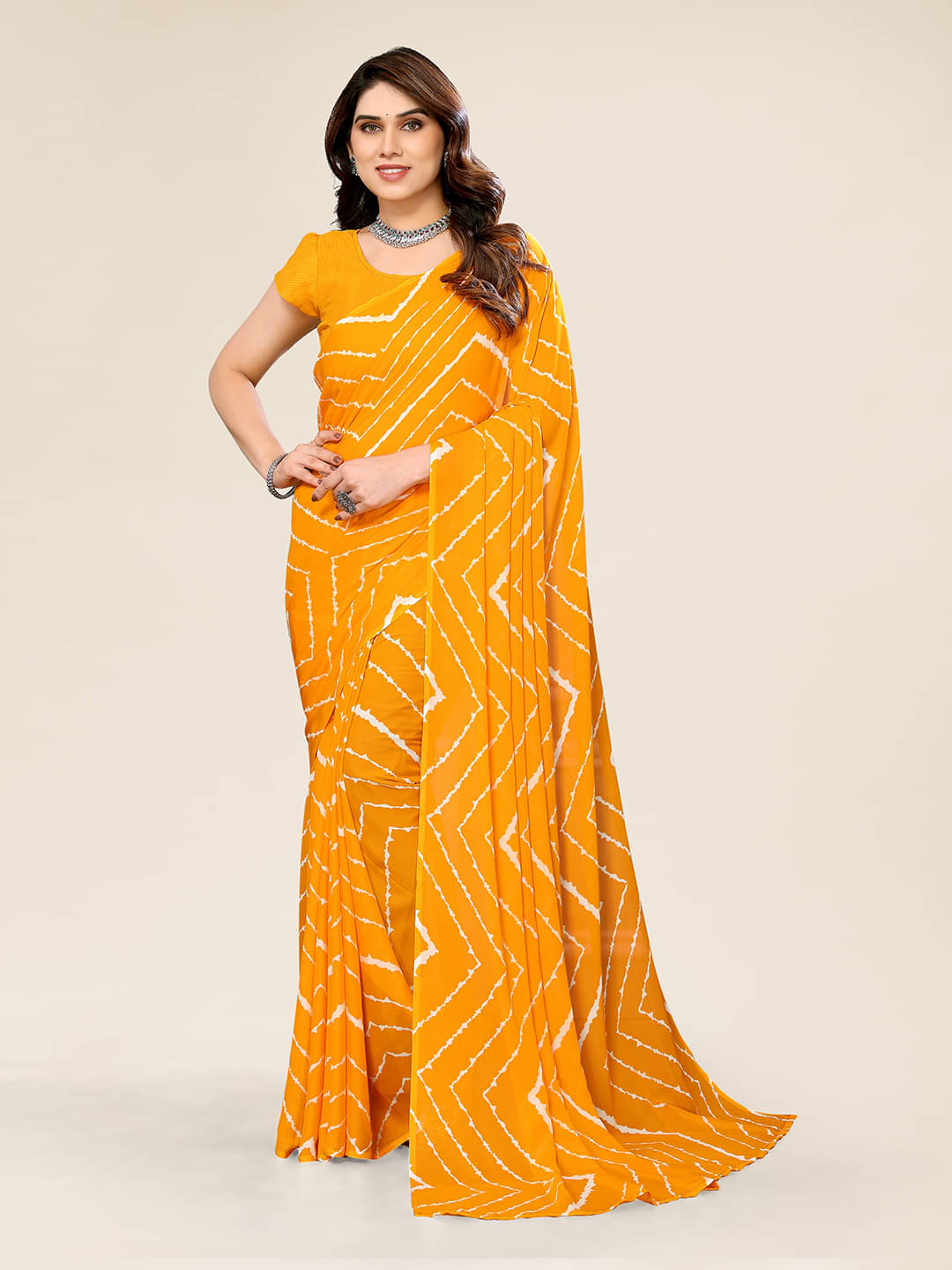     			ANAND SAREES Georgette Printed Leheriya Saree With Unstitched Blouse Piece ( Yellow )