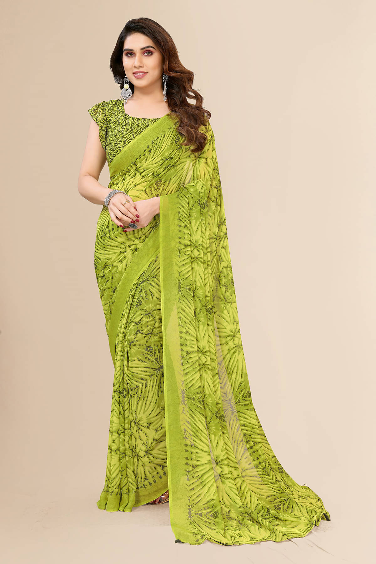 ANAND SAREES Georgette Printed Chanderi saree With Unstitched Blouse Piece ( Green ) ANAND SAREES Georgette Printed Chanderi saree With Unstitched Blouse Piece ( Green )