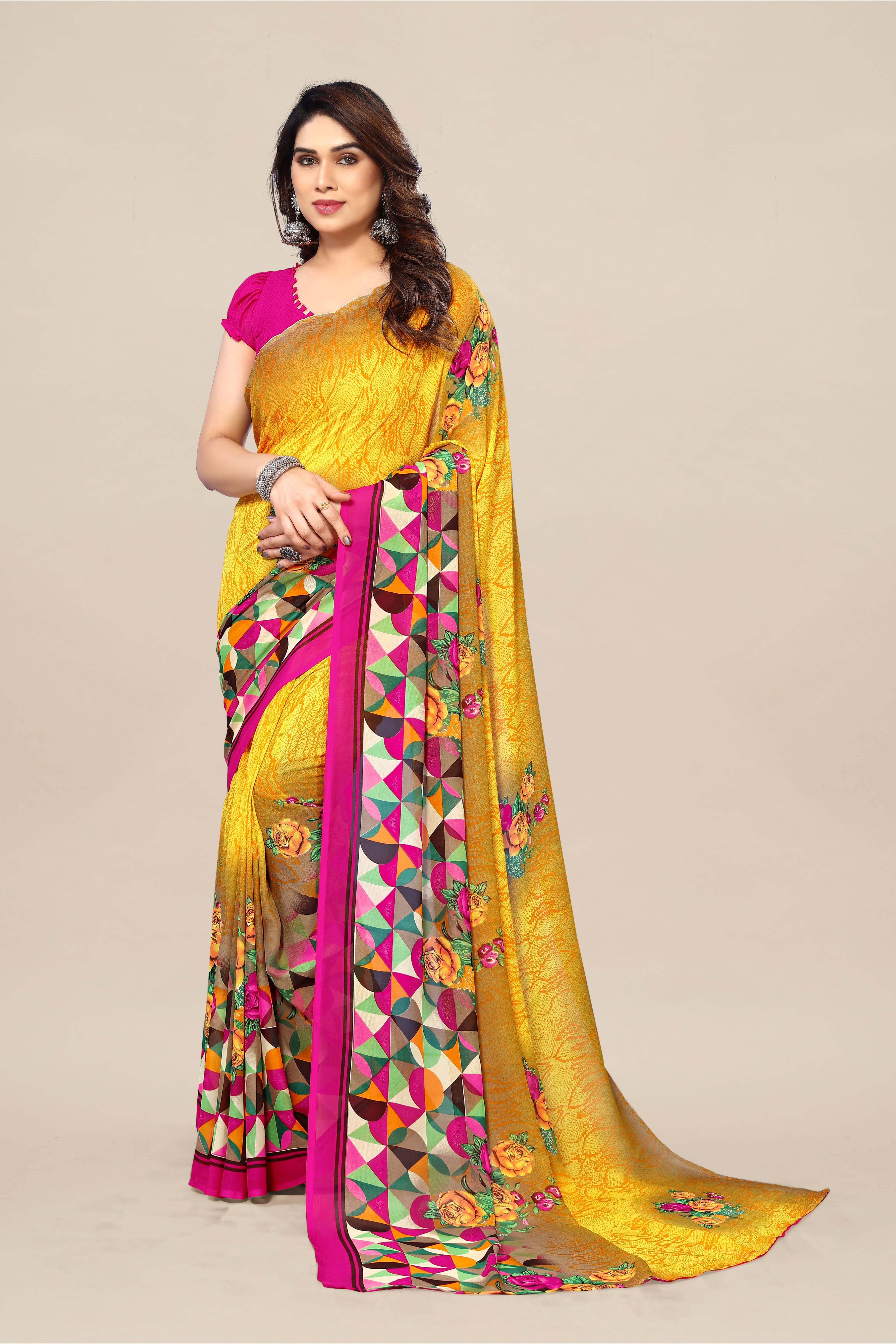     			ANAND SAREES Georgette Printed Chanderi saree With Unstitched Blouse Piece ( Yellow )