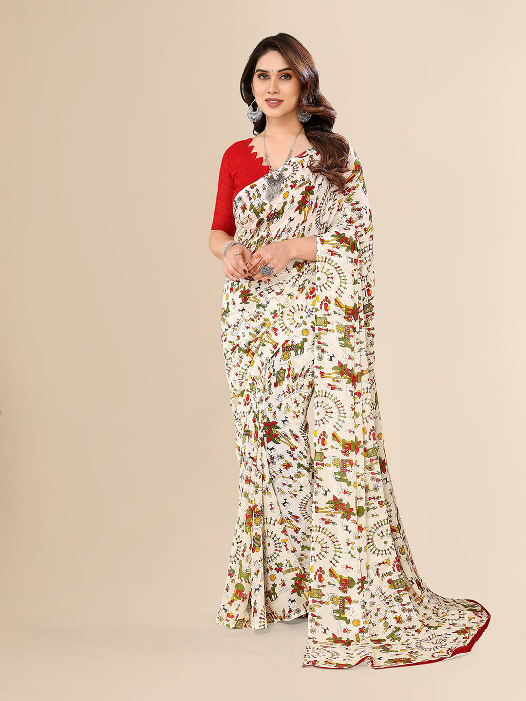     			ANAND SAREES Georgette Printed Chanderi saree With Unstitched Blouse Piece ( White )