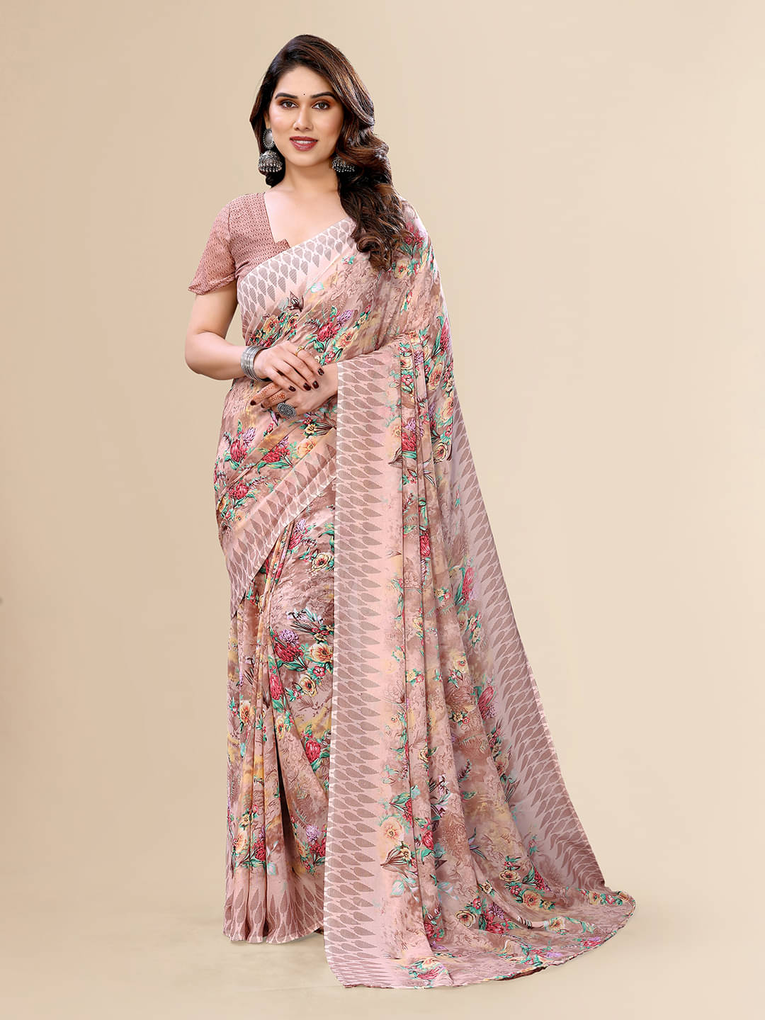 ANAND SAREES Georgette Printed Chanderi saree With Unstitched Blouse Piece ( Peach ) ANAND SAREES Georgette Printed Chanderi saree With Unstitched Blouse Piece ( Peach )