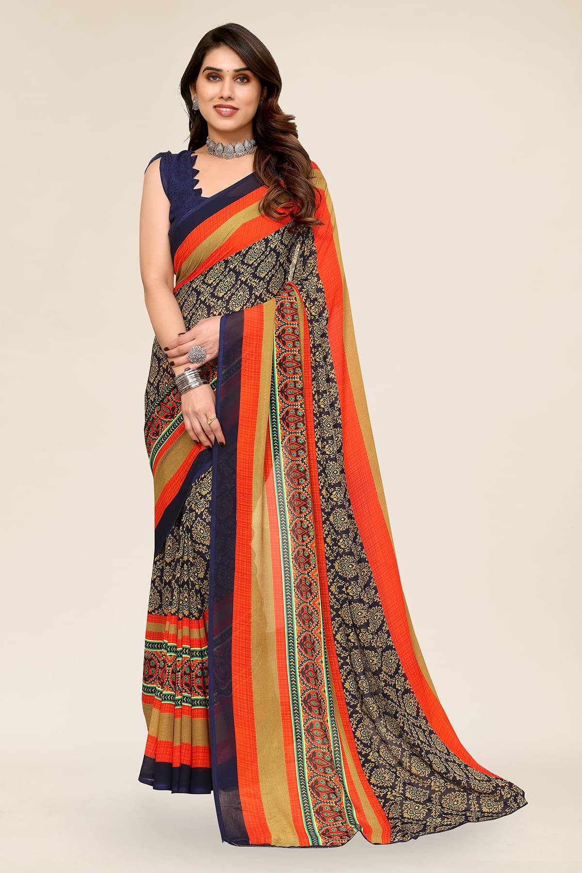 ANAND SAREES Georgette Printed Chanderi saree With Unstitched Blouse Piece ( Blue ) ANAND SAREES Georgette Printed Chanderi saree With Unstitched Blouse Piece ( Blue )