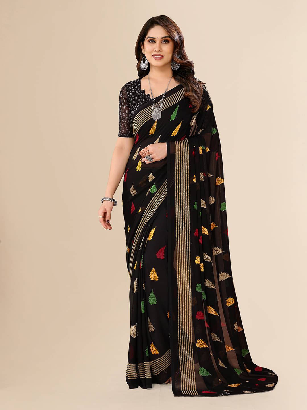 ANAND SAREES Georgette Printed Chanderi saree With Unstitched Blouse Piece ( Black ) ANAND SAREES Georgette Printed Chanderi saree With Unstitched Blouse Piece ( Black )
