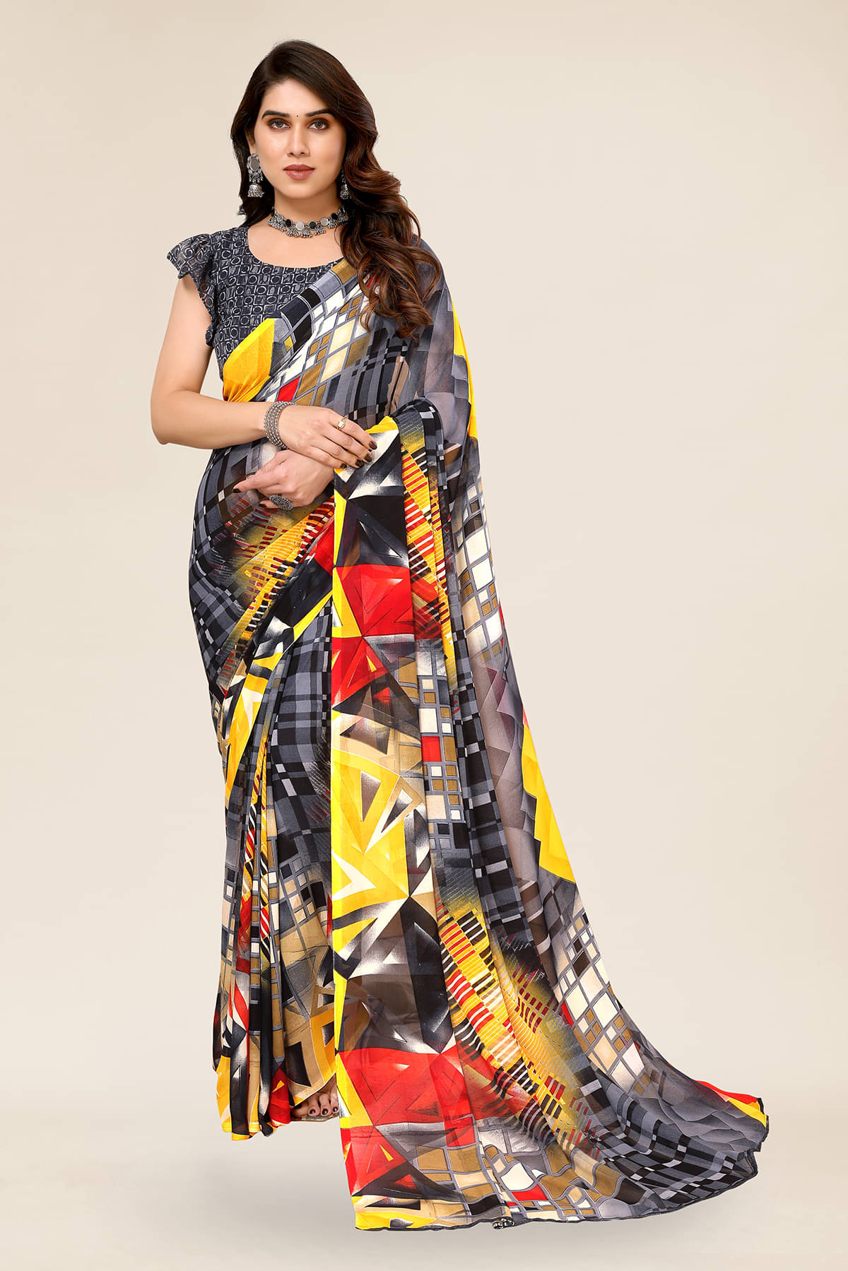     			ANAND SAREES Georgette Printed Chanderi saree With Unstitched Blouse Piece ( Grey )