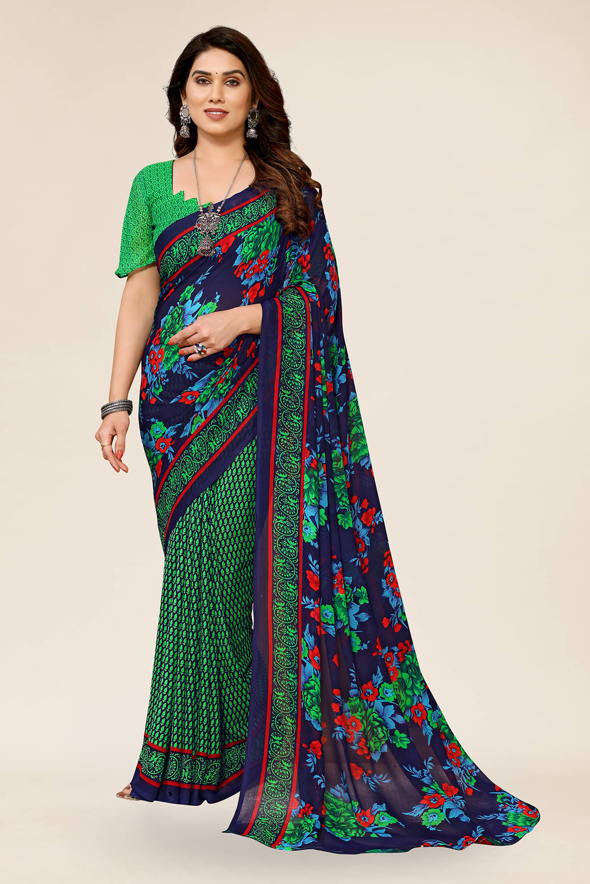 ANAND SAREES Georgette Printed Chanderi saree With Unstitched Blouse Piece ( Green )     			ANAND SAREES Georgette Printed Chanderi saree With Unstitched Blouse Piece ( Green )