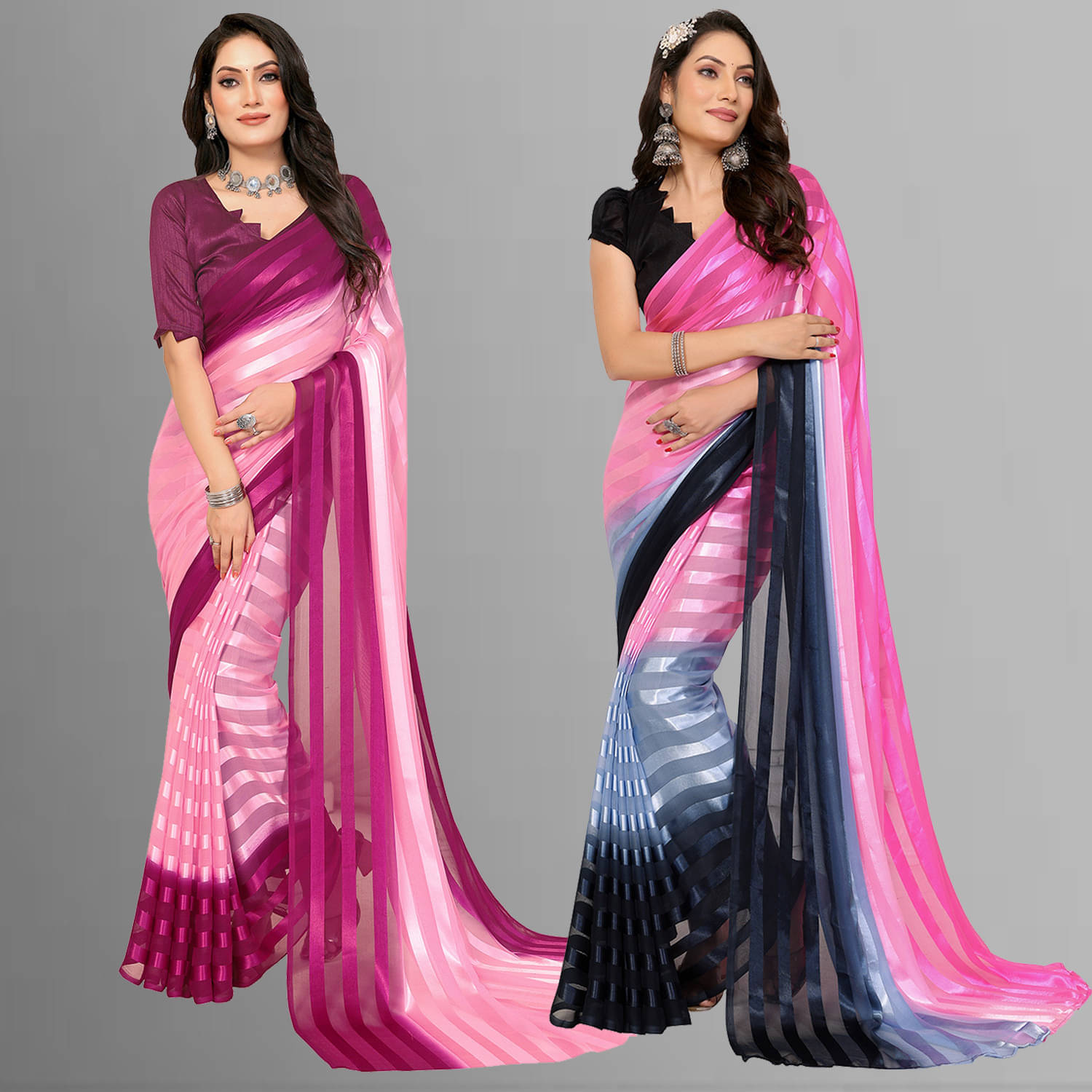 ANAND SAREES Satin Striped Saree With Unstitched Blouse Piece ( Multicolor ) ANAND SAREES Satin Striped Saree With Unstitched Blouse Piece ( Multicolor )