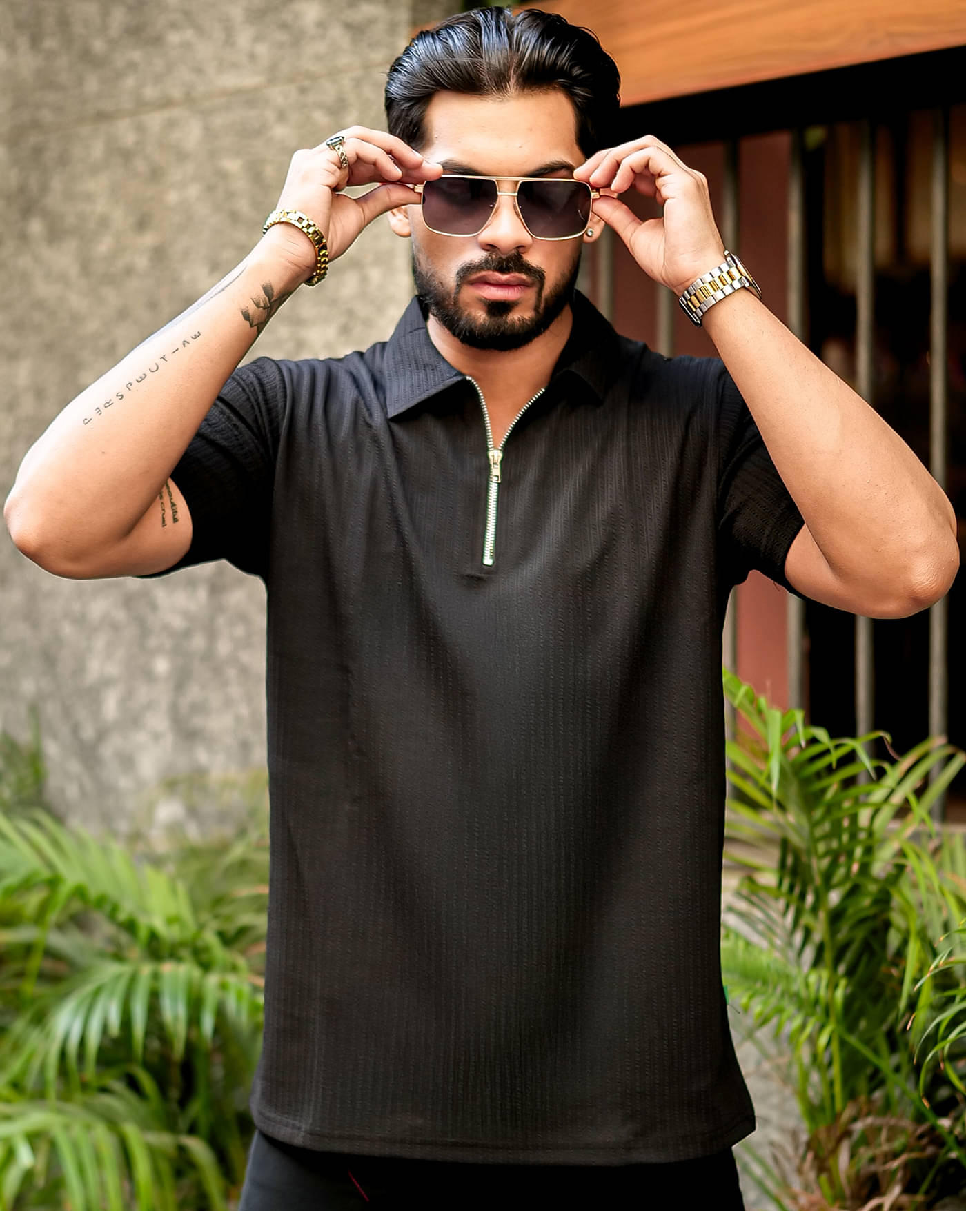     			AOOSH Men Cotton Blend Regular Fit Self Design Polo T Shirt ( Black )