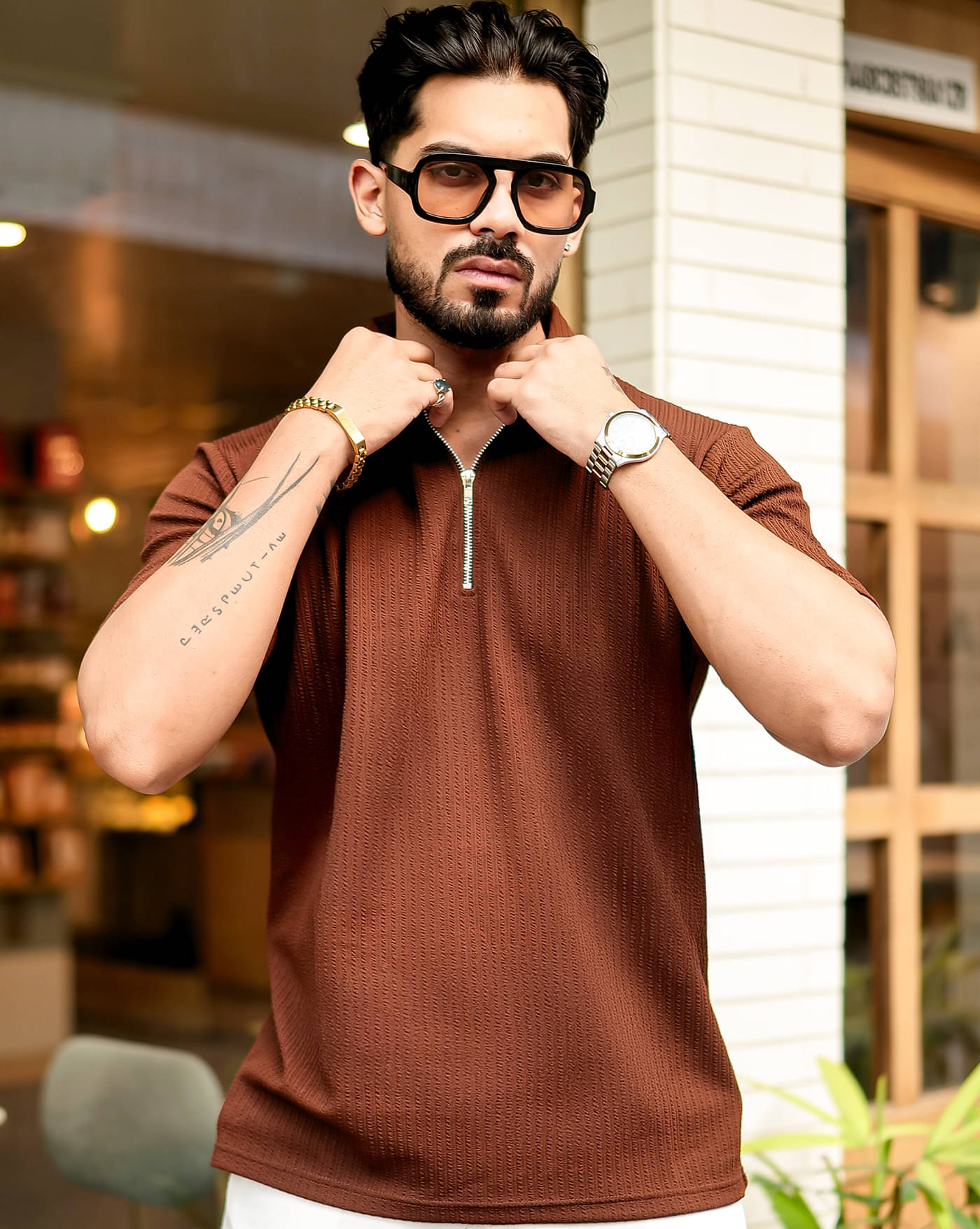     			AOOSH Men Cotton Blend Regular Fit Self Design Polo T Shirt ( Brown )