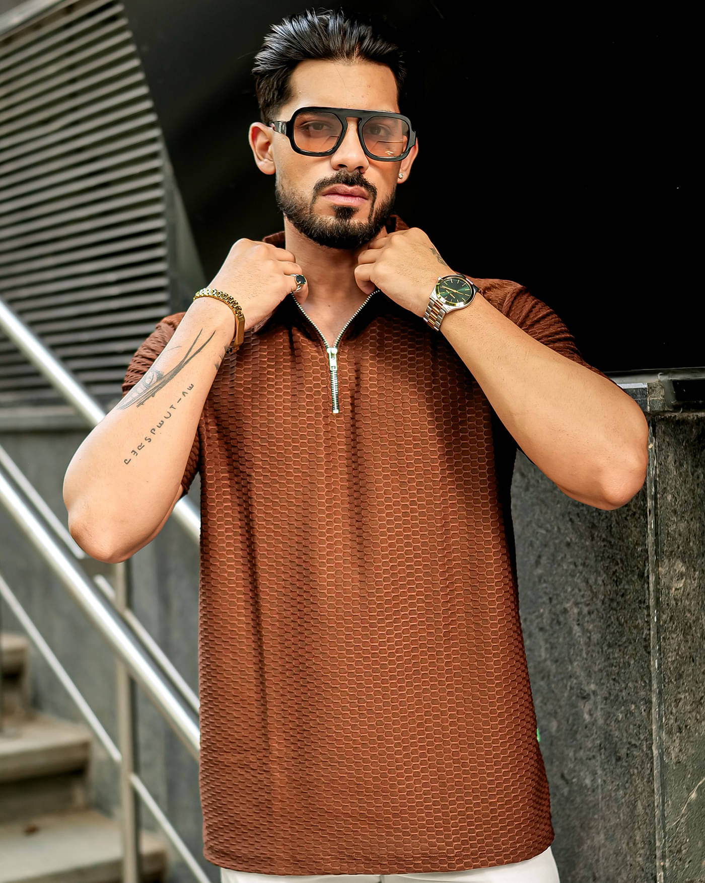     			AOOSH Men Cotton Blend Regular Fit Self Design Polo T Shirt ( Brown )