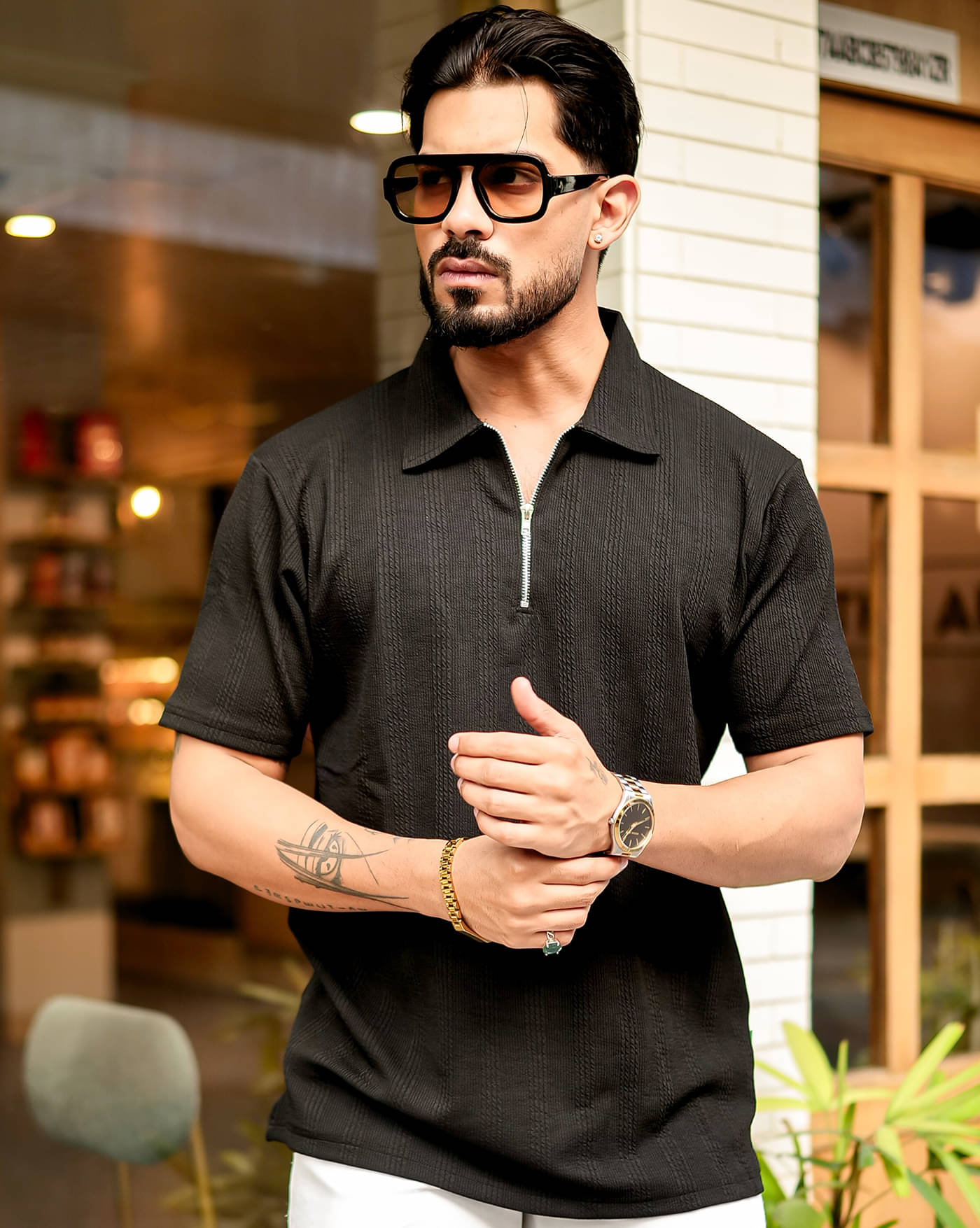     			AOOSH Men Cotton Blend Regular Fit Self Design Polo T Shirt ( Black )
