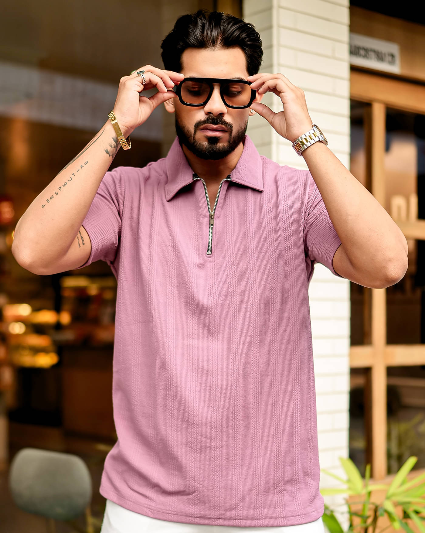     			AOOSH Men Cotton Blend Regular Fit Self Design Polo T Shirt ( Peach )