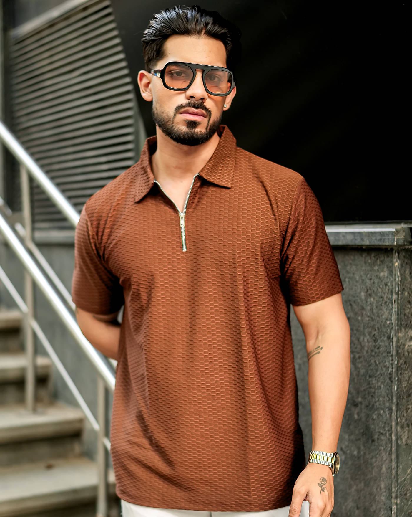    			AOOSH Men Cotton Blend Regular Fit Self Design Polo T Shirt ( Brown )