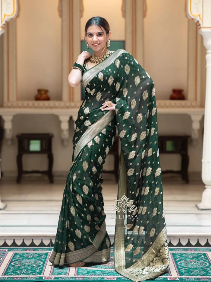Balaji's Jacquard Woven Banarasi saree With Unstitched Blouse Piece ( Green ) Balaji's Jacquard Woven Banarasi saree With Unstitched Blouse Piece ( Green )