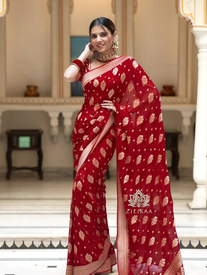 Balaji's Jacquard Woven Banarasi saree With Unstitched Blouse Piece ( Red ) Balaji's Jacquard Woven Banarasi saree With Unstitched Blouse Piece ( Red )