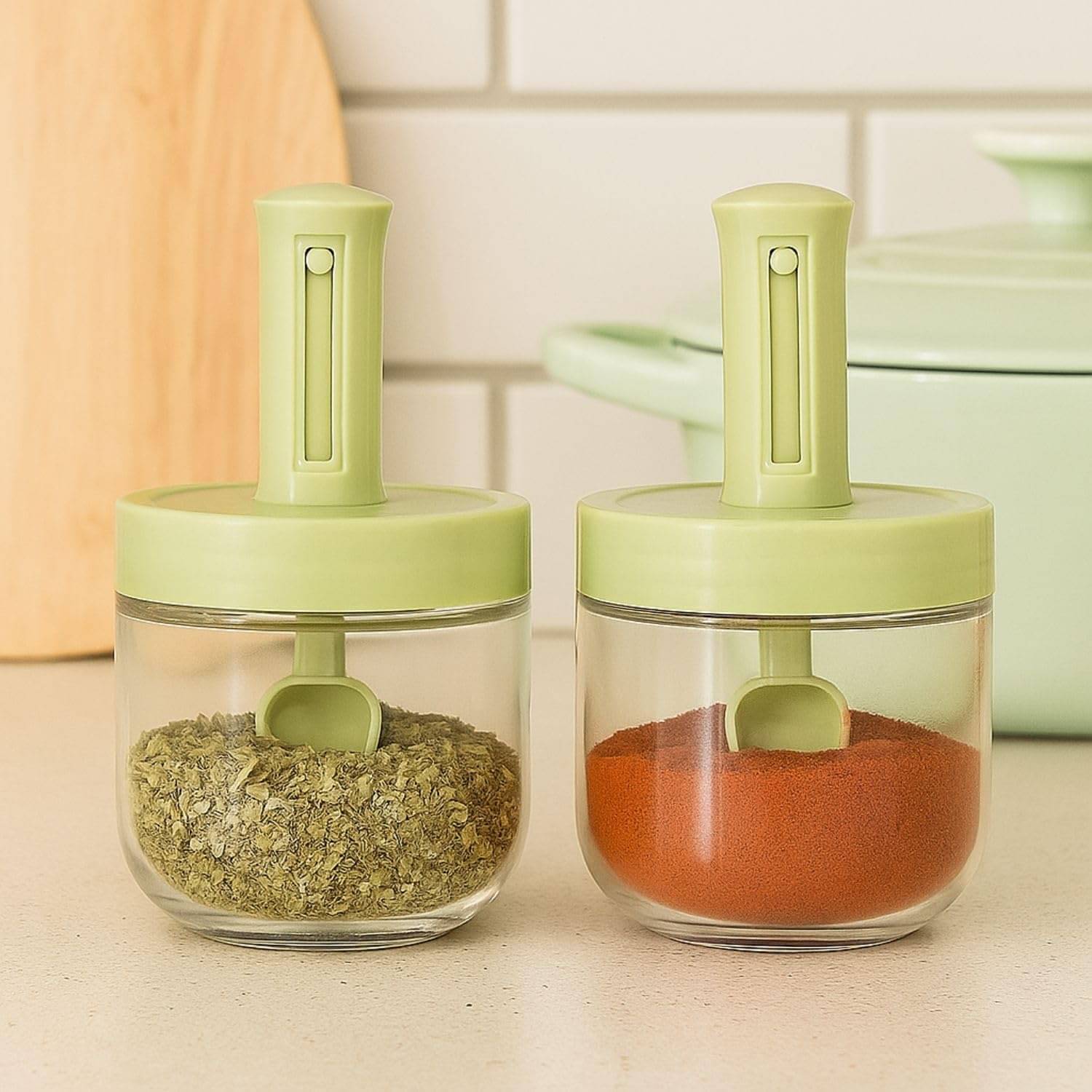     			Baskety Spice Jar  Glass Green Spice Container ( Set of 2 )
