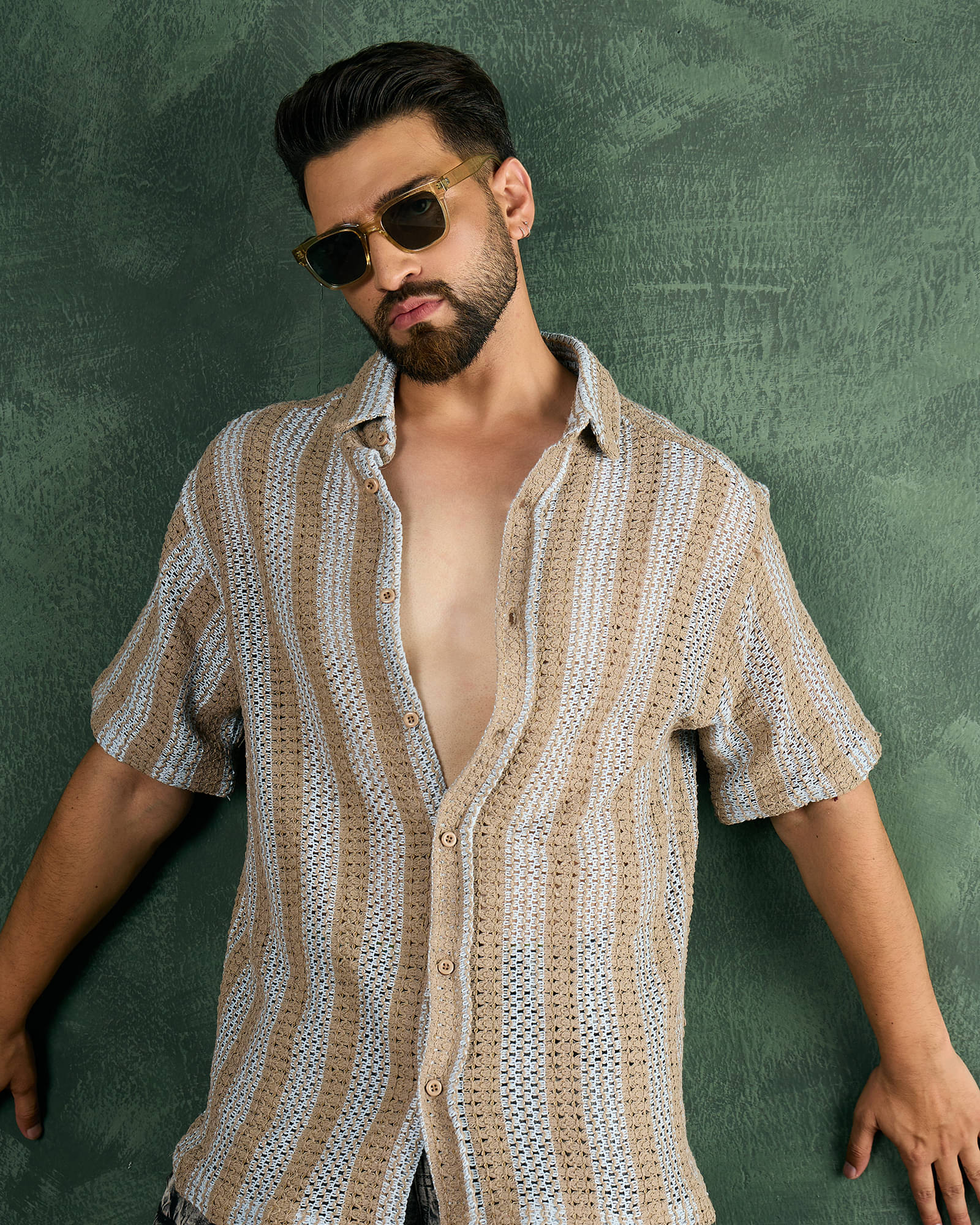     			Chimpaaanzee Cotton Blend Oversized Fit Striped Half Sleeves Men's Casual Shirt - Brown ( Pack of 1 )