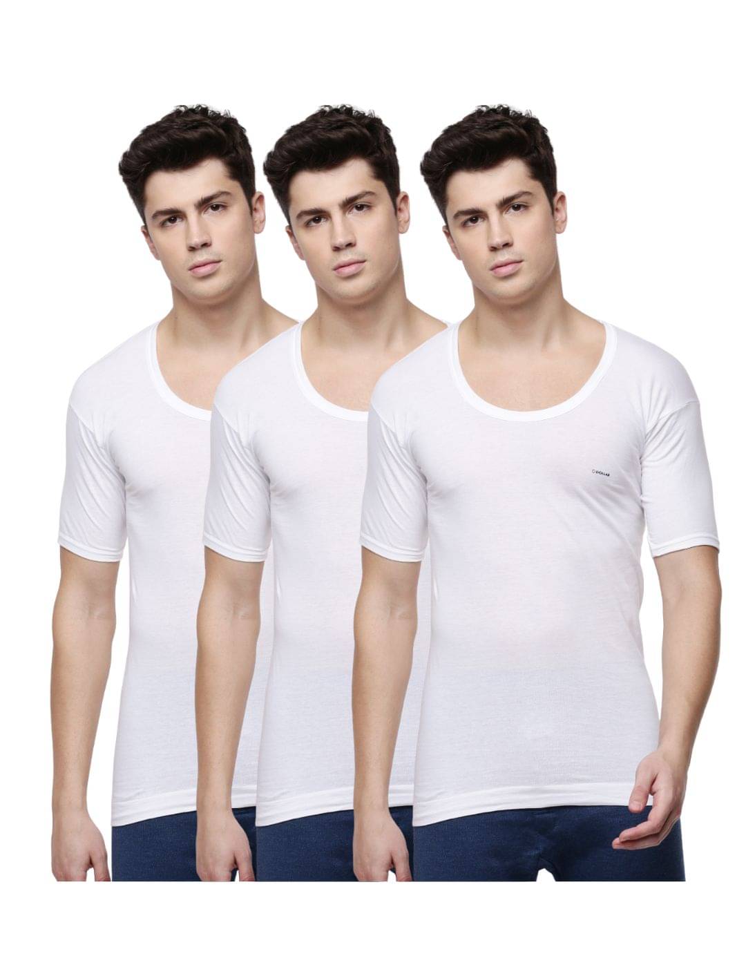 Dollar Lehar Men Combed Cotton Round Neck With Sleeve Vest - Pack of 3 - White Dollar Lehar Men Combed Cotton Round Neck With Sleeve Vest - Pack of 3 - White