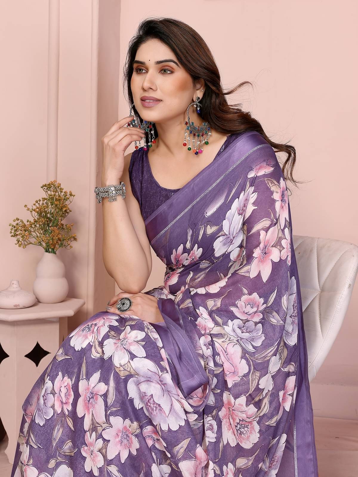 Gazal Fashions Georgette Printed Saree With Unstitched Blouse Piece ( Purple ) Gazal Fashions Georgette Printed Saree With Unstitched Blouse Piece ( Purple )