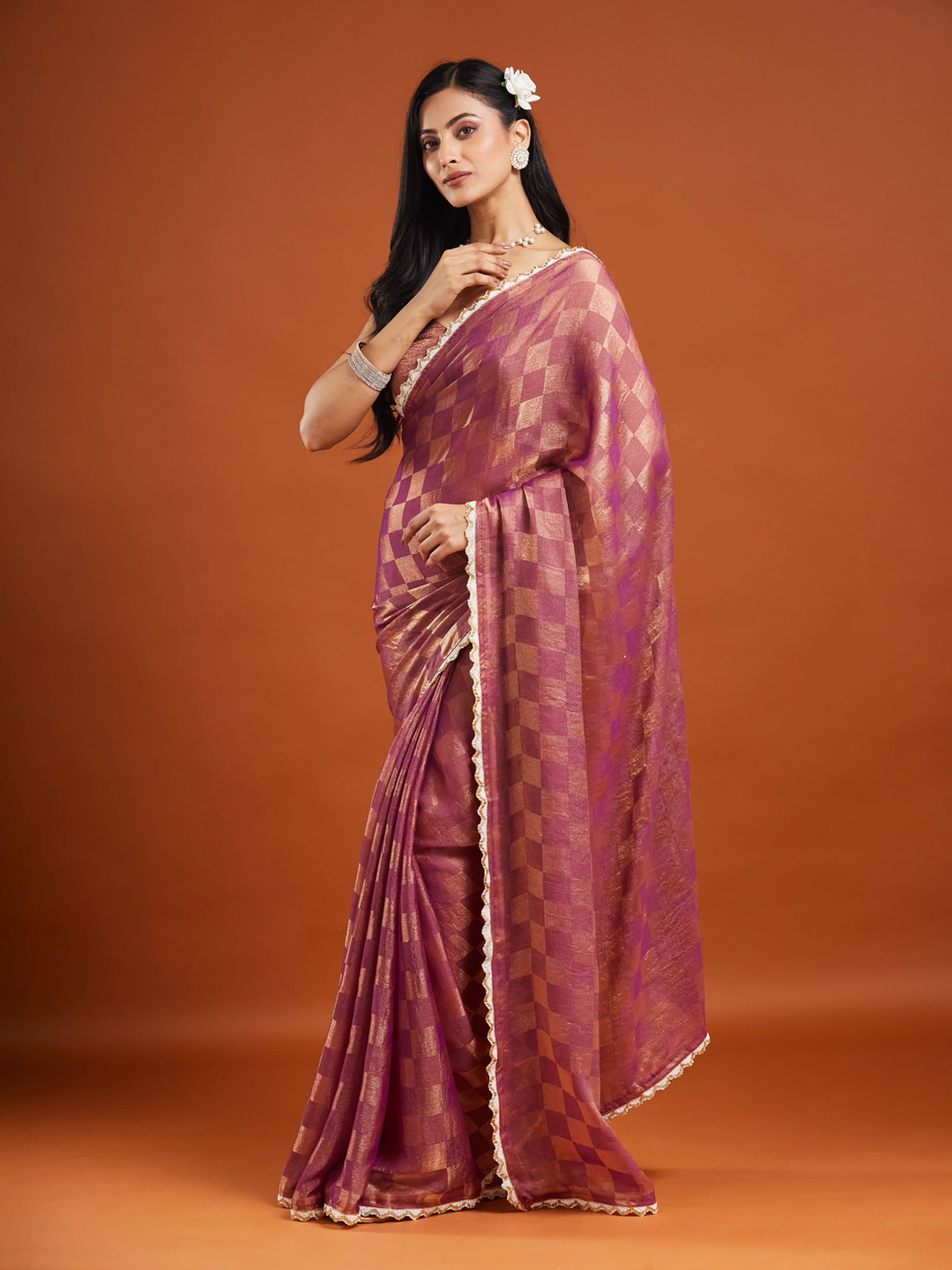 Indy Bliss Chiffon Checks Chanderi saree With Unstitched Blouse Piece ( Wine ) - Sarees | Buy online on ZillyBuy