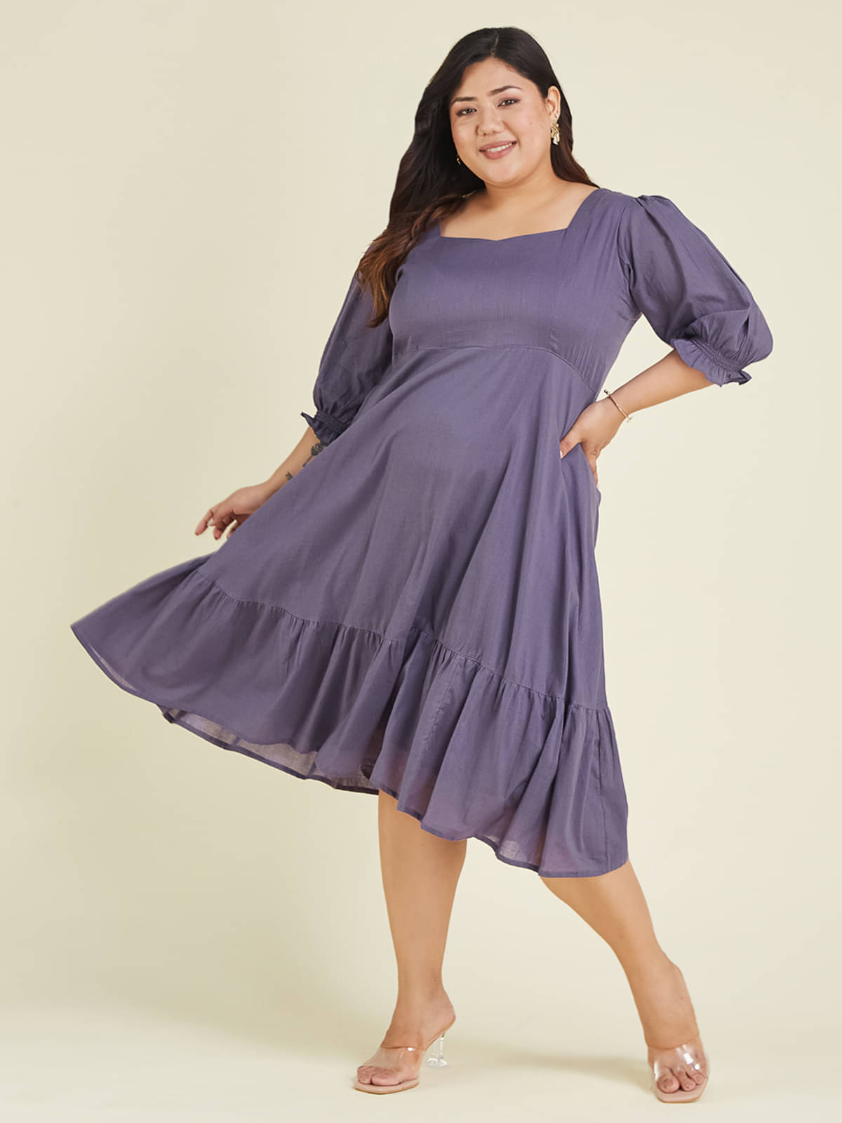 Janasya Women Cotton Solid A-line Dress ( Purple )     			Janasya Women Cotton Solid A-line Dress ( Purple )
