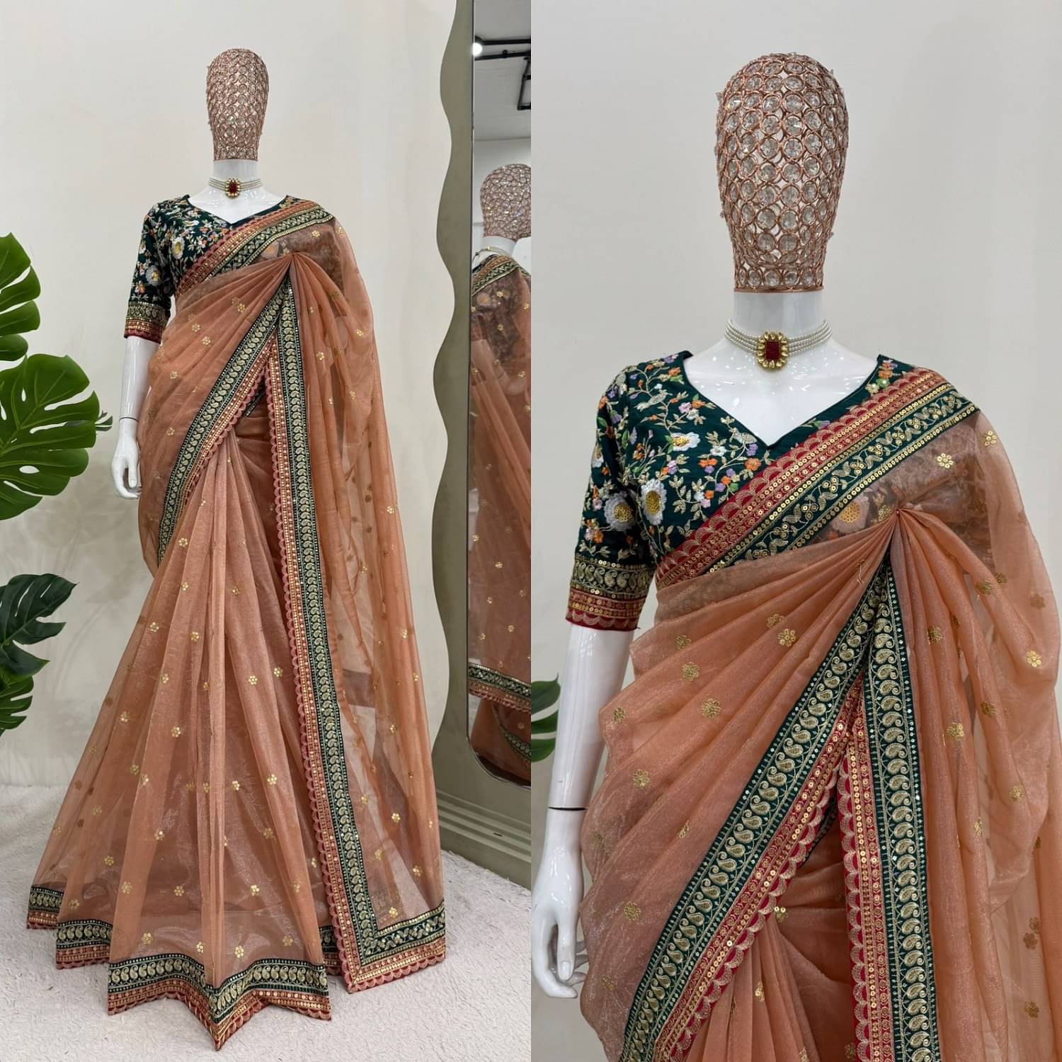 KV Fashion Net Embroidered Saree With Unstitched Blouse Piece ( Peach ) KV Fashion Net Embroidered Saree With Unstitched Blouse Piece ( Peach )