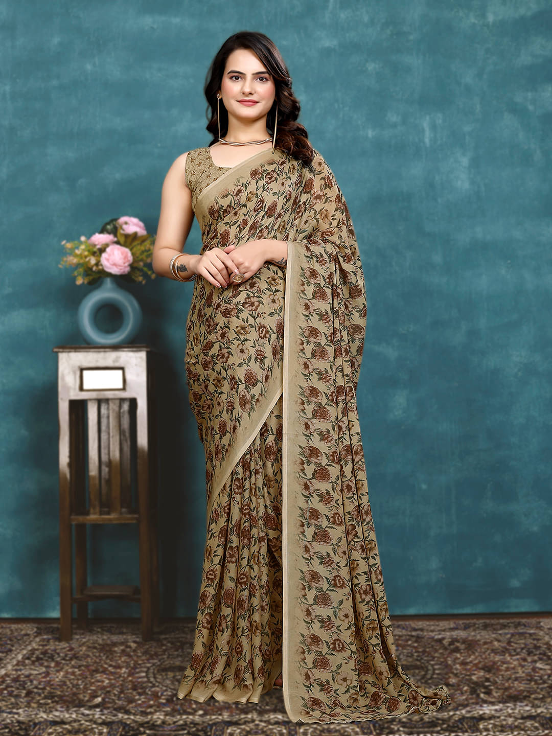     			Kanooda Prints Georgette Printed Saree With Unstitched Blouse Piece ( Beige )