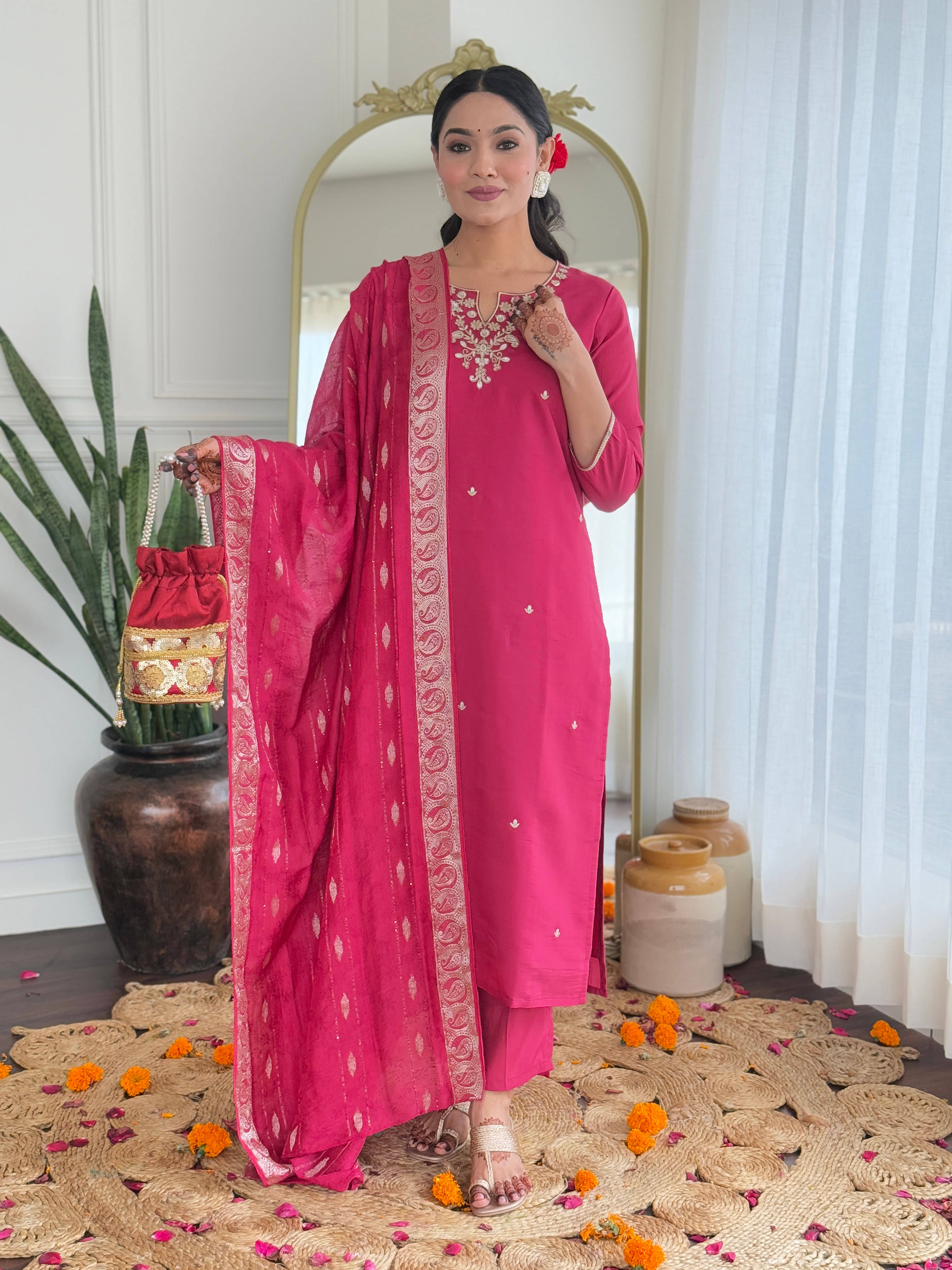     			Krisio Women Viscose Embroidered Straight Kurti With Pants ( Pink )