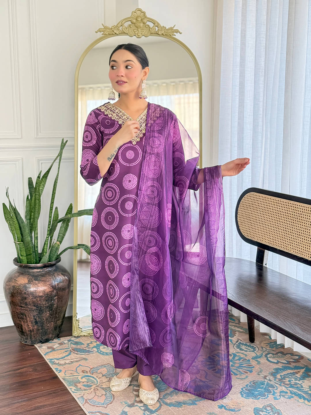     			Krisio Women Viscose Embroidered Straight Kurti With Pants ( Purple )