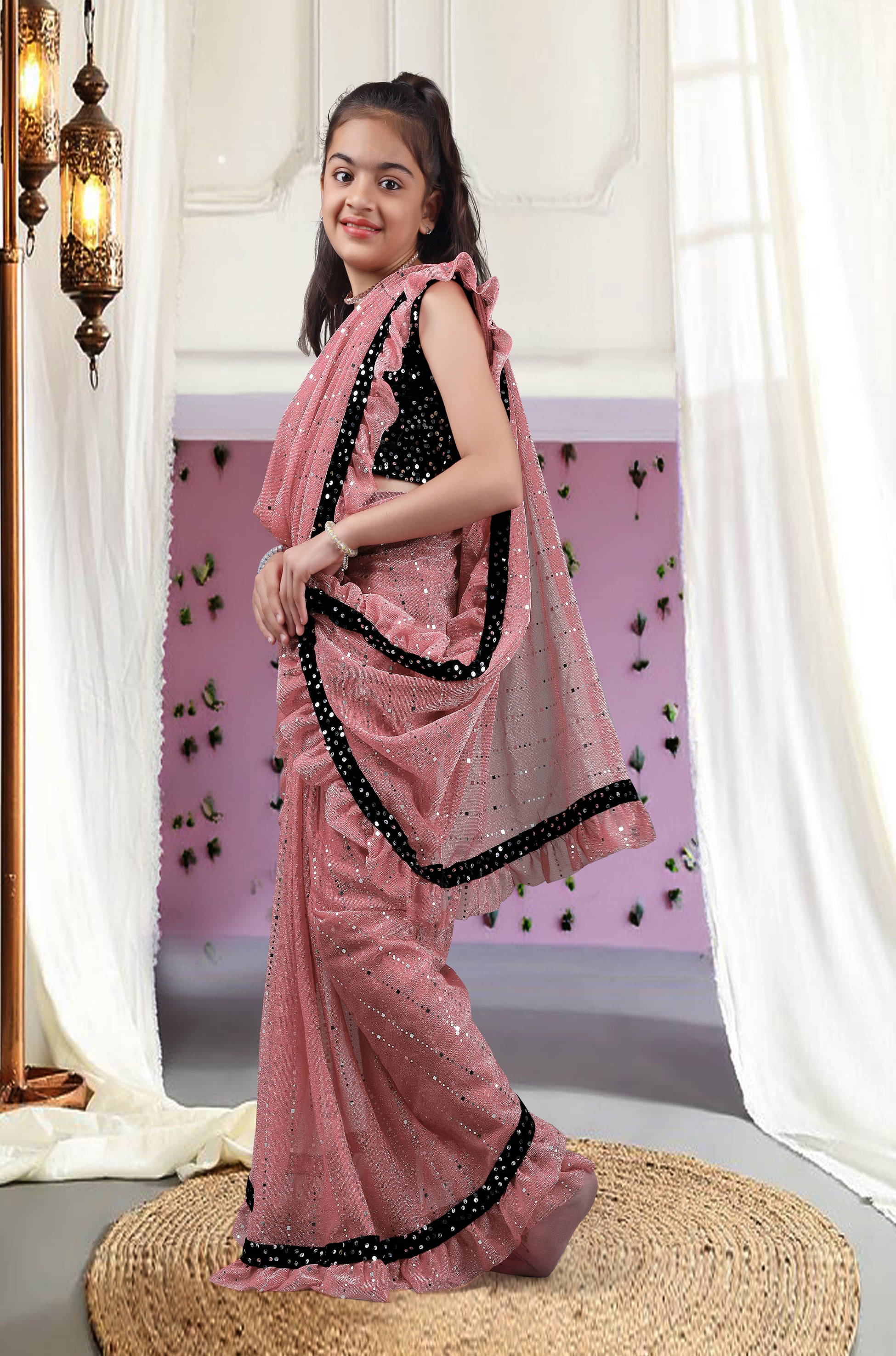     			Nilkanthvarni Creation Lycra Ready To Wear Saree For Girls ( Pink , Pack of 1 )
