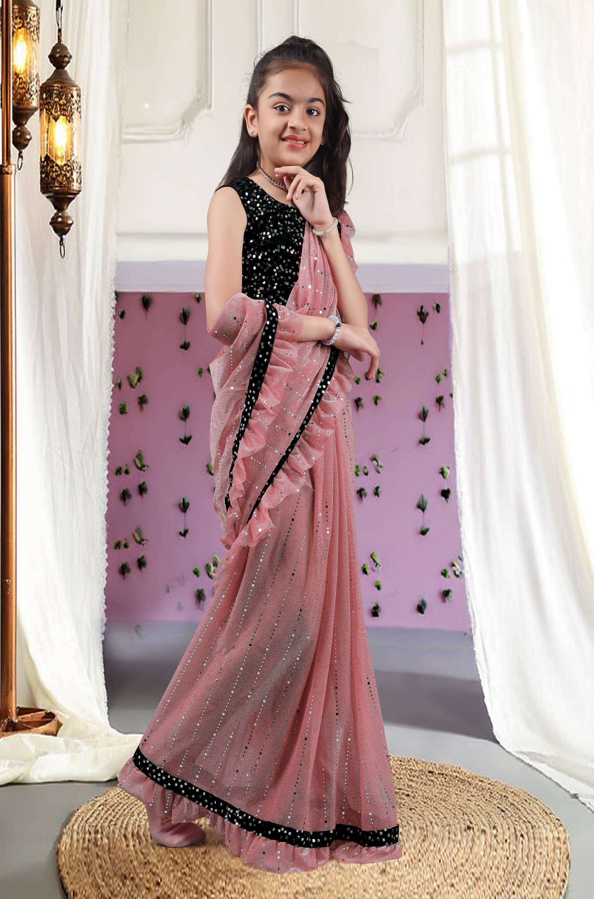     			Nilkanthvarni Creation Lycra Ready To Wear Saree For Girls ( Pink , Pack of 1 )