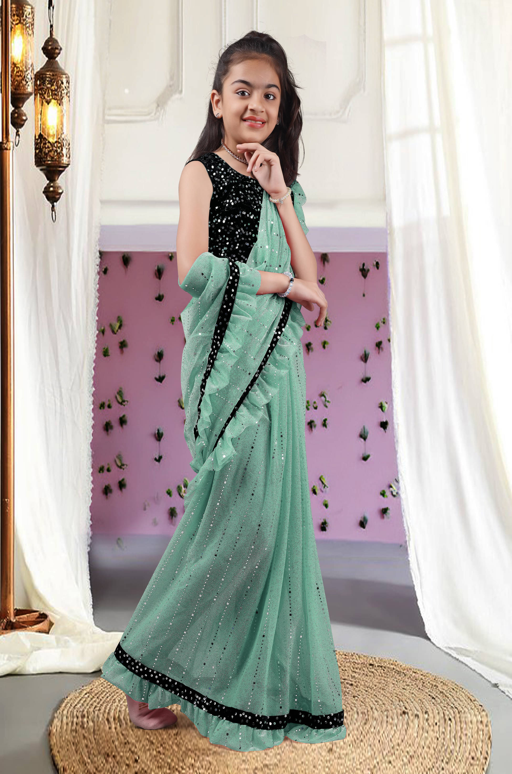 Nilkanthvarni Creation Lycra Ready To Wear Saree For Girls ( Sky Blue , Pack of 1 ) Nilkanthvarni Creation Lycra Ready To Wear Saree For Girls ( Sky Blue , Pack of 1 )