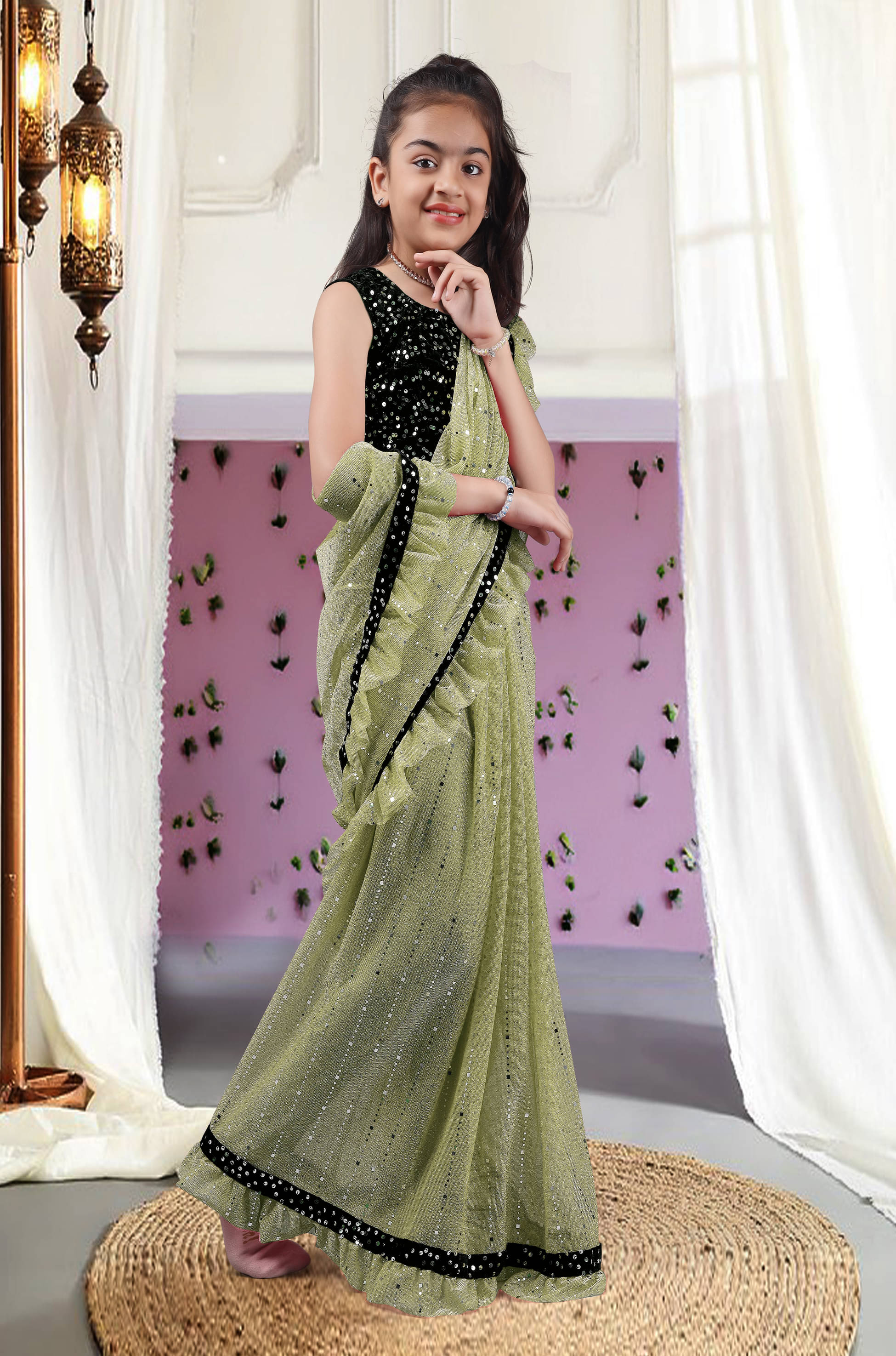 Nilkanthvarni Creation Lycra Ready To Wear Saree For Girls ( Olive Green , Pack of 1 ) Nilkanthvarni Creation Lycra Ready To Wear Saree For Girls ( Olive Green , Pack of 1 )