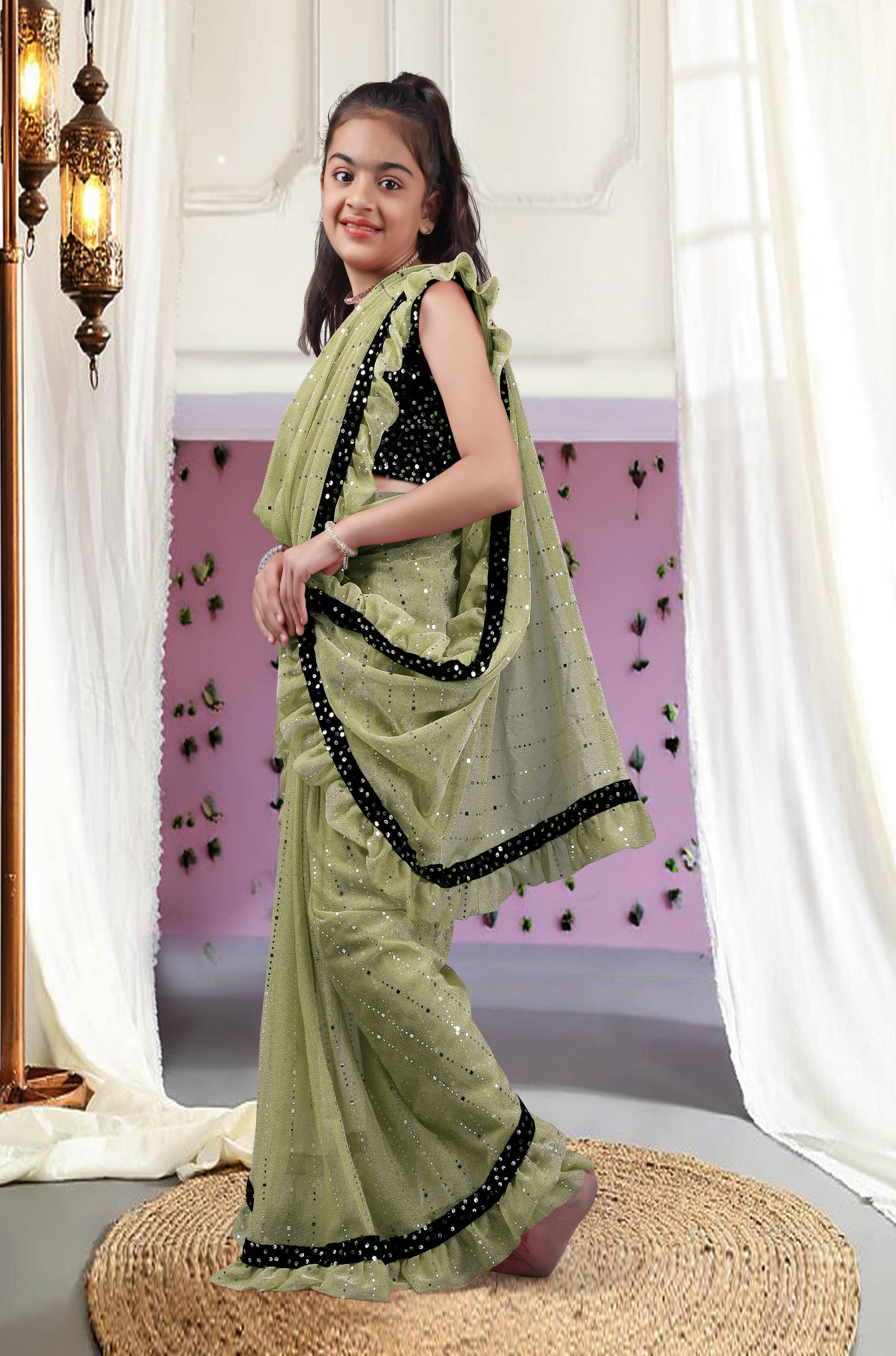 Nilkanthvarni Creation Lycra Ready To Wear Saree For Girls ( Olive Green , Pack of 1 ) Nilkanthvarni Creation Lycra Ready To Wear Saree For Girls ( Olive Green , Pack of 1 )