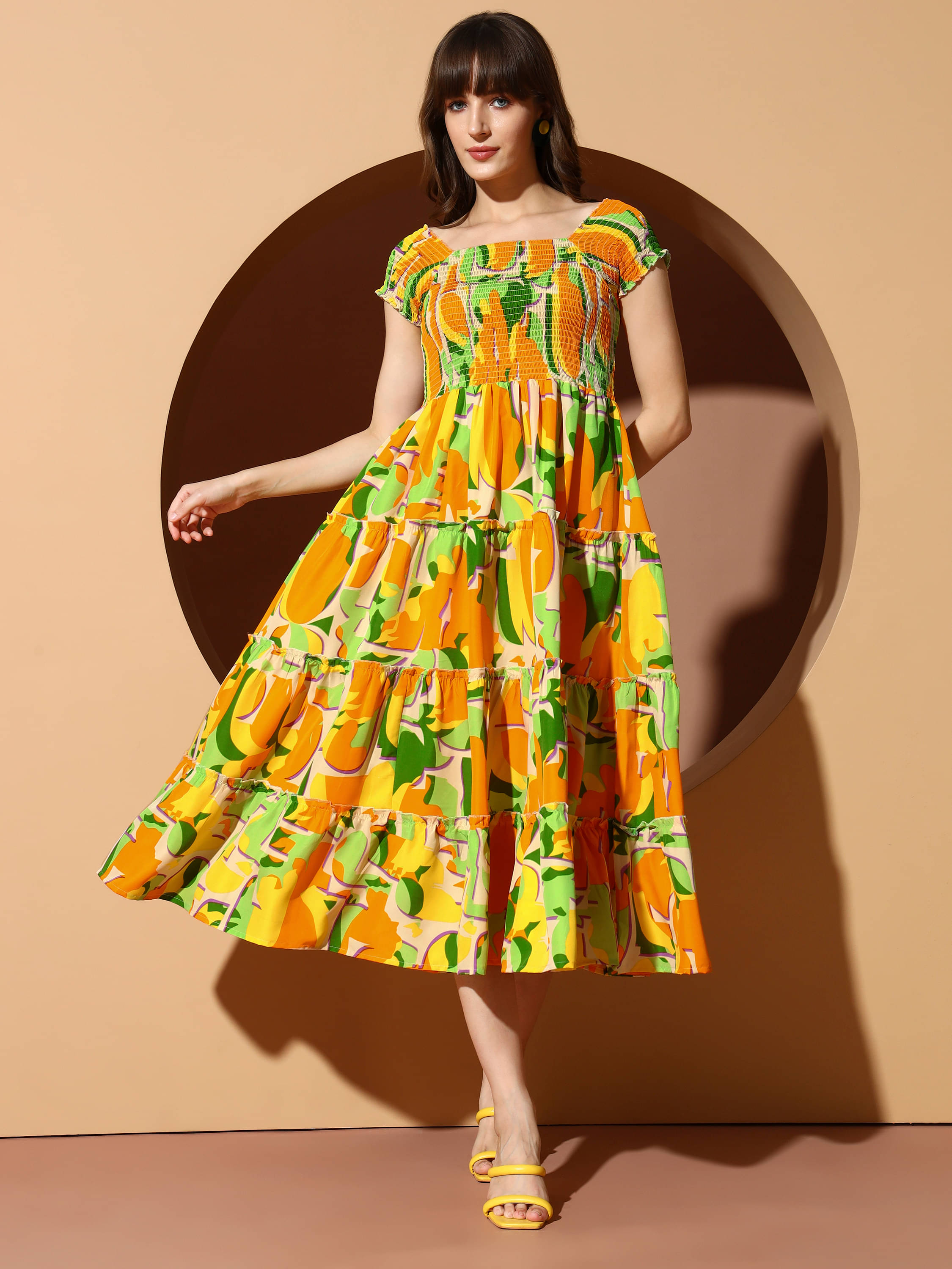OTABU Women Polyester Printed A-line Dress ( Yellow )     			OTABU Women Polyester Printed A-line Dress ( Yellow )