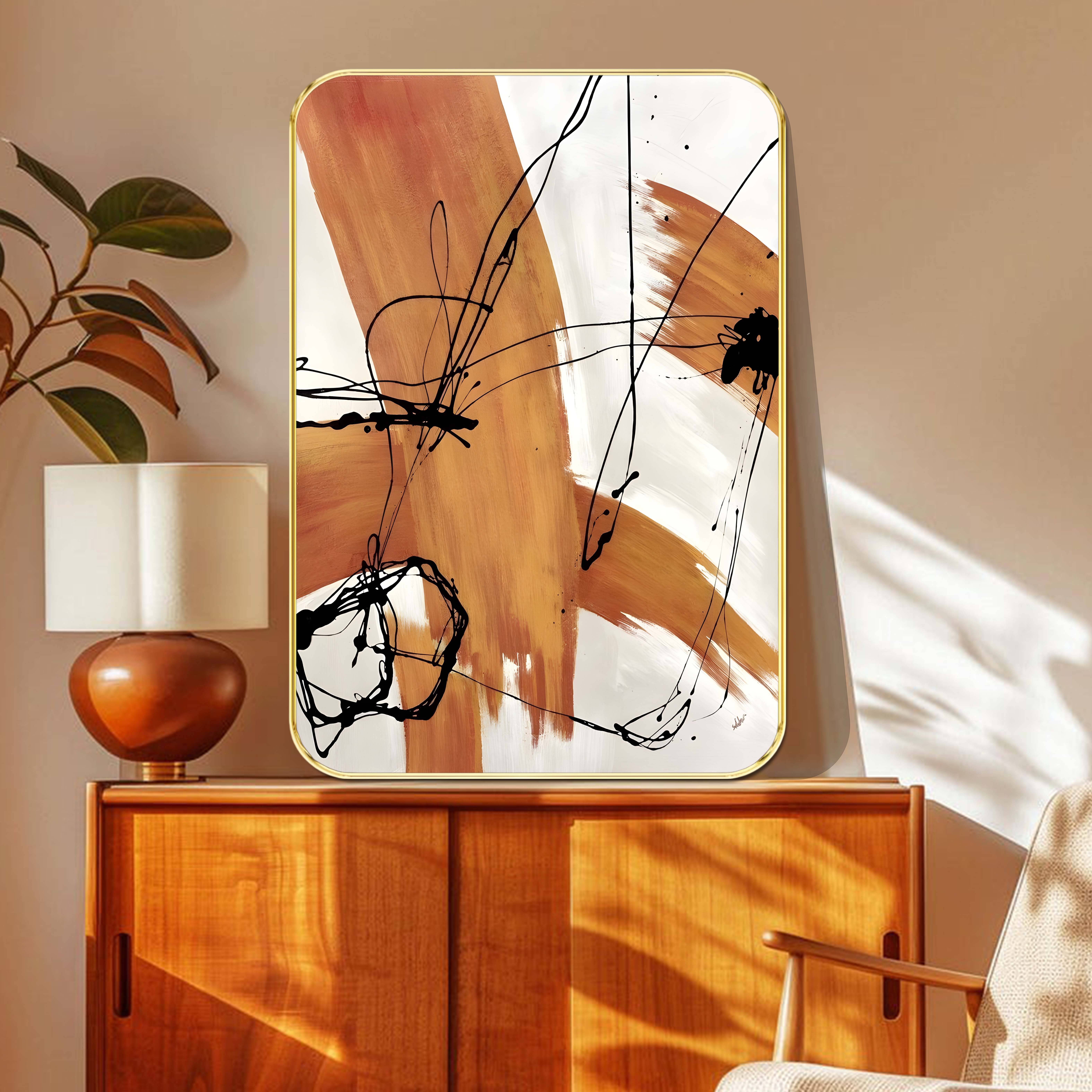     			Saf Abstract Expressionist Wall Art | Modern Brushstroke & Ink Line Painting in Terracotta & White | HD Print with Golden Frame | Contemporary Decor for Living Room, Office