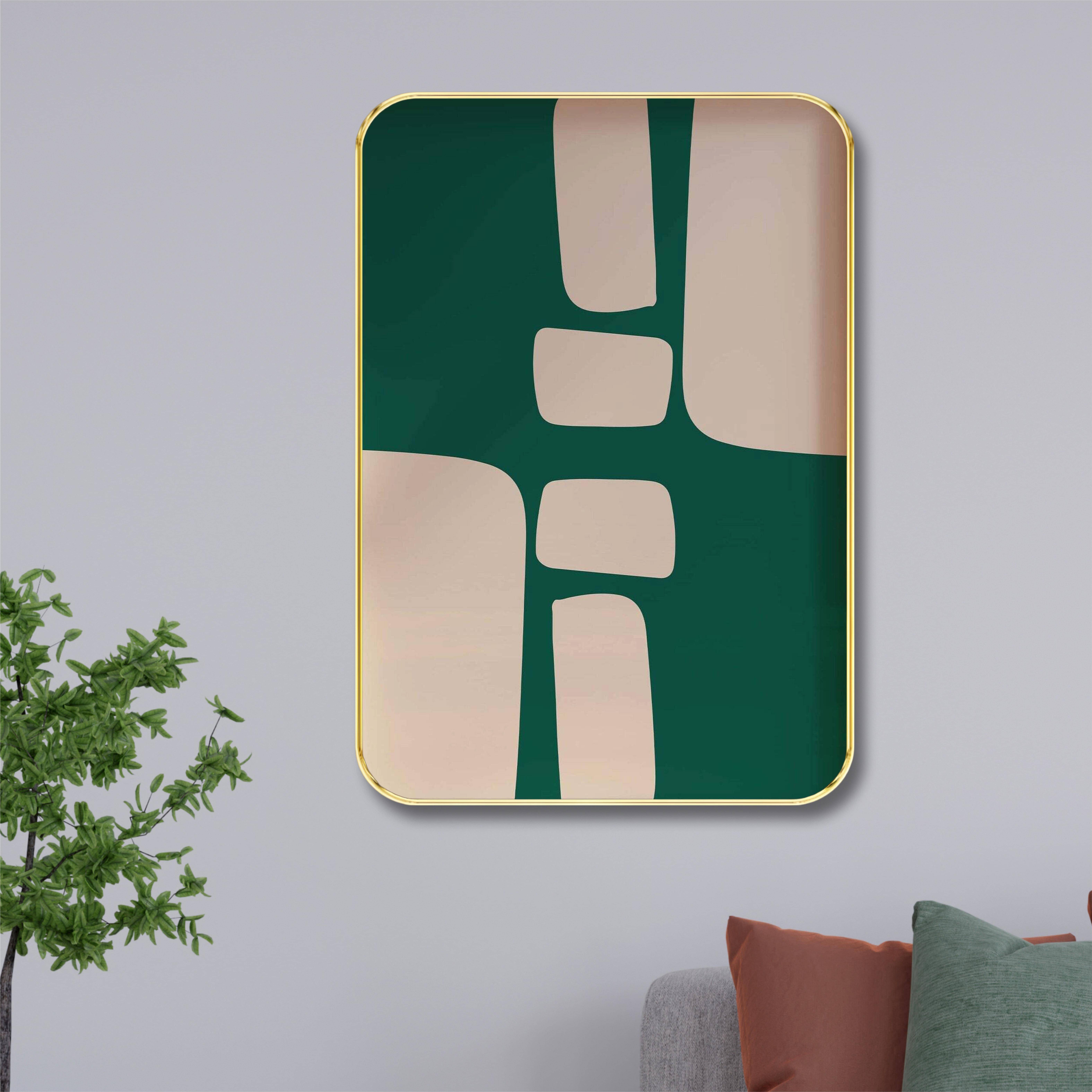     			Saf Abstract Green Geometric Wall Art | Modern Minimalist Painting with Beige Shapes | Framed Decorative Artwork for Living Room, Bedroom, Office