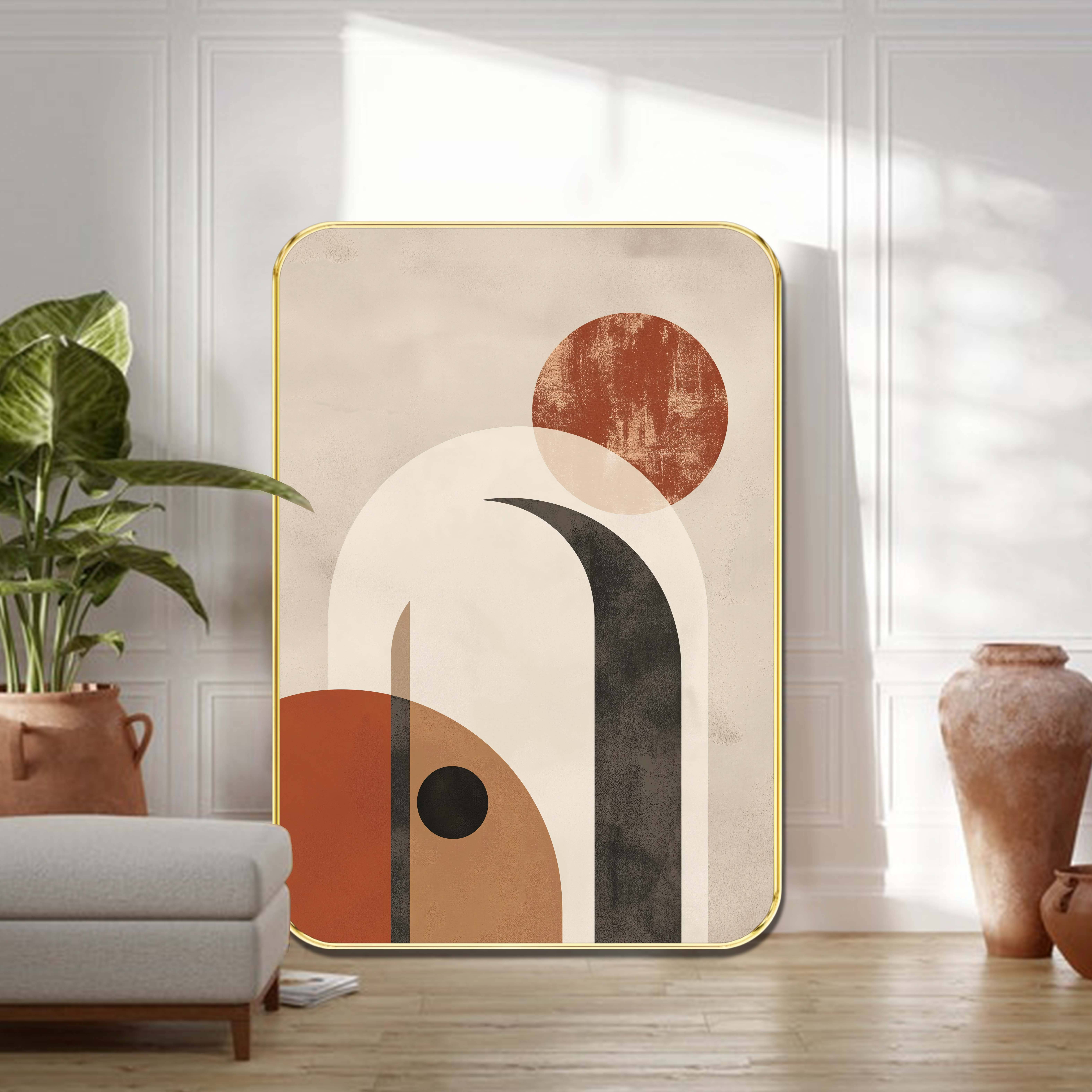     			Saf Abstract Modern Wall Art with Golden Frame | Neutral Arches & Retro Circles in Beige, Terracotta & Black | Minimal Geometric Painting for Living Room, Bedroom, Office
