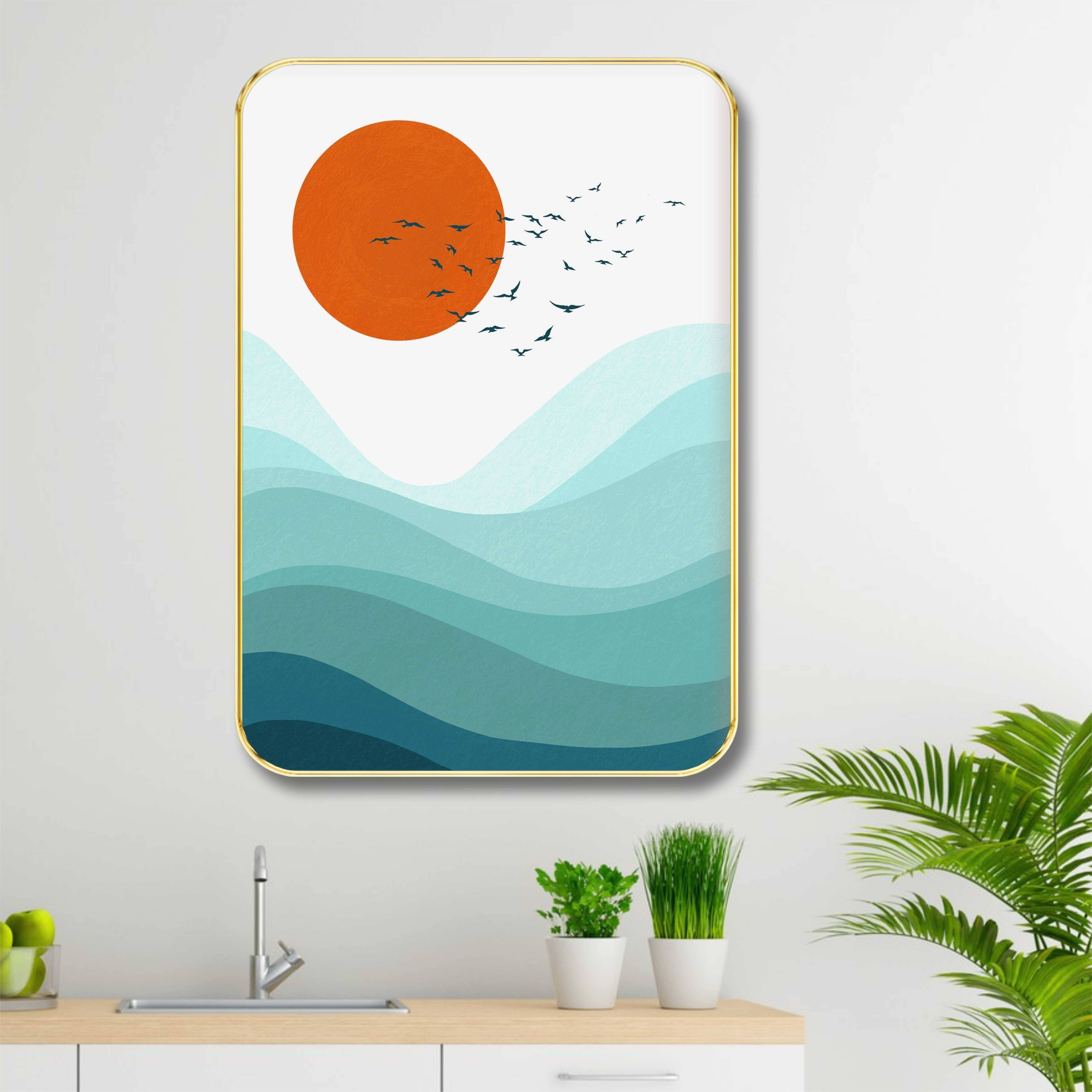Saf Abstract Ocean Waves Wall Art – Minimalist Sun & Birds Poster – Modern Aesthetic Print for Living Room, Office, or Bedroom Decor     			Saf Abstract Ocean Waves Wall Art – Minimalist Sun & Birds Poster – Modern Aesthetic Print for Living Room, Office, or Bedroom Decor