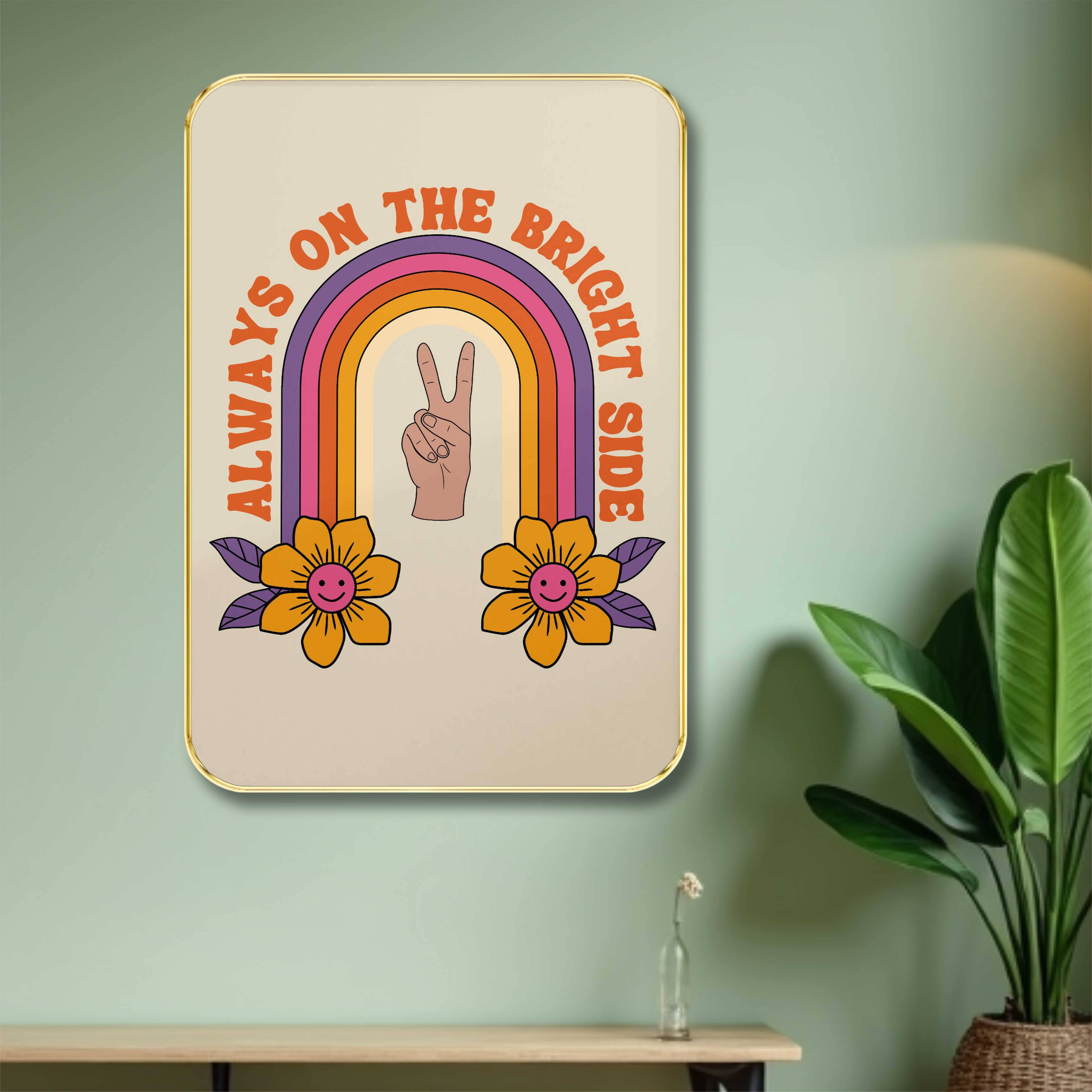     			Saf Always On the Bright Side Wall Art – Retro Rainbow Print with Peace Hand and Smiley Flowers – Inspirational Boho Poster for Bedroom, Office, or Living Room Decor