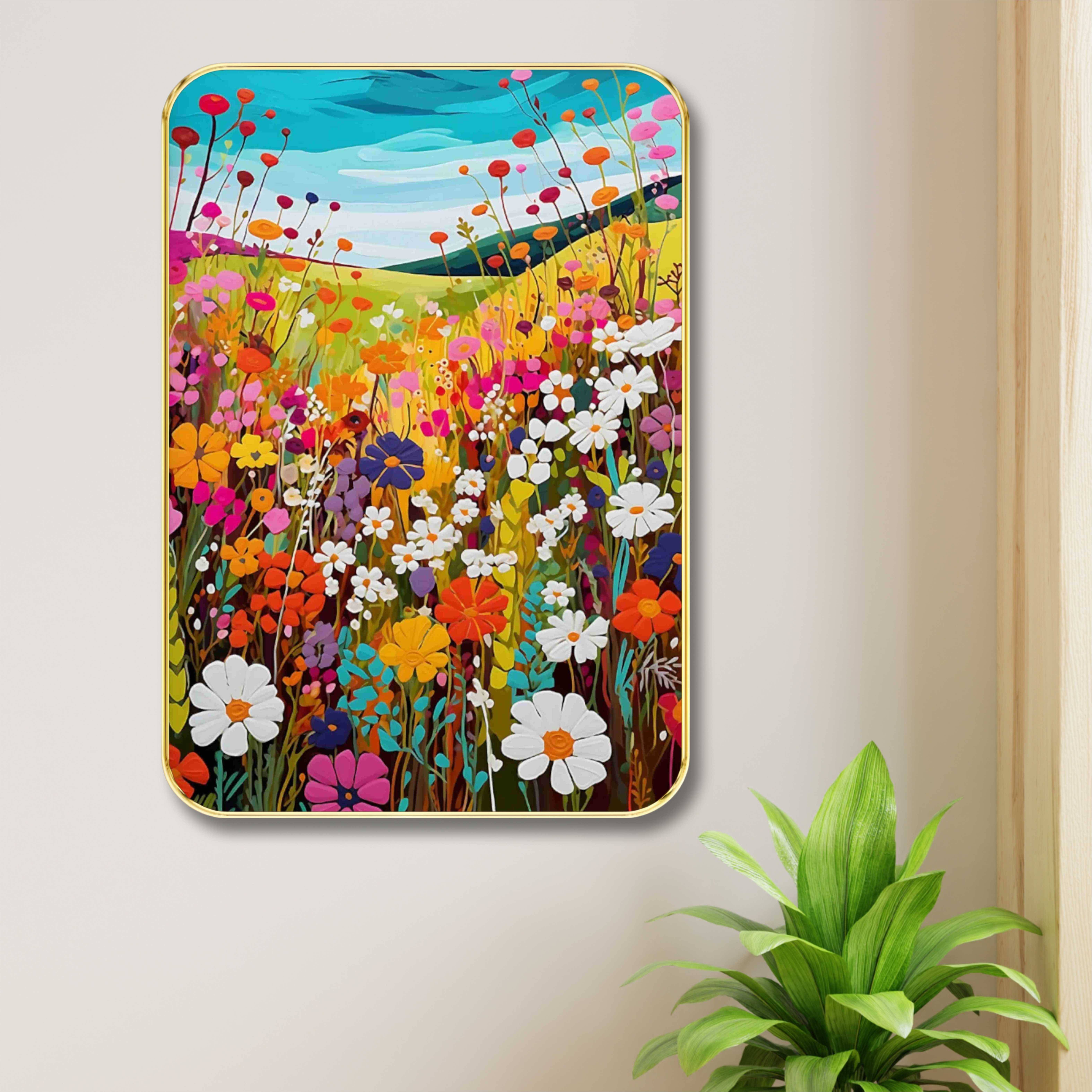     			Saf Blooming Wildflower Meadow Wall Art – Colorful Floral Framed Painting for Living Room, Bedroom & Office – Vibrant Botanical Artwork in Golden Frame
