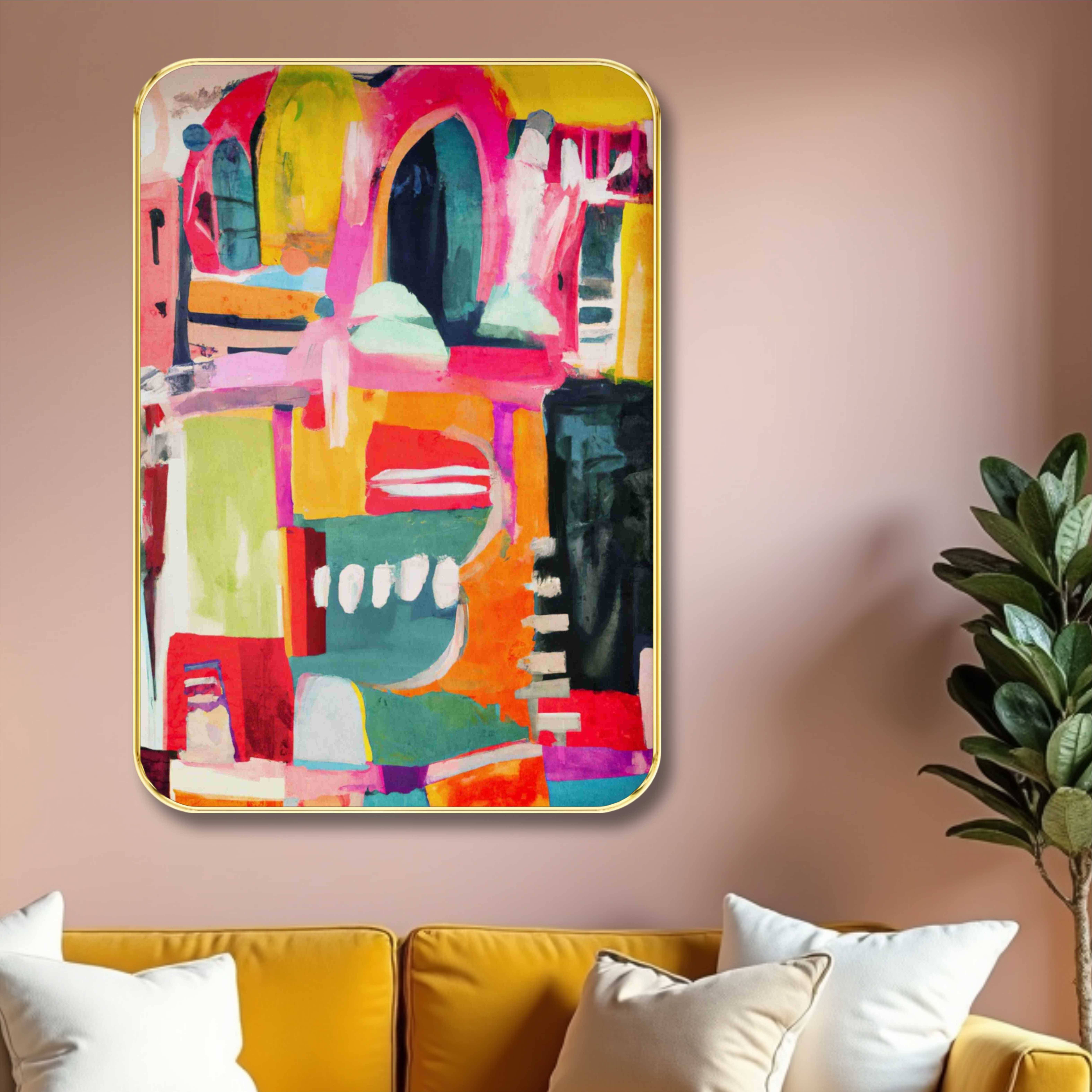 Saf Bold Abstract Wall Art with Golden Frame | Multicolor Geometric Decorative Painting for Living Room, Office, Studio | Modern Framed Art Print Saf Bold Abstract Wall Art with Golden Frame | Multicolor Geometric Decorative Painting for Living Room, Office, Studio | Modern Framed Art Print