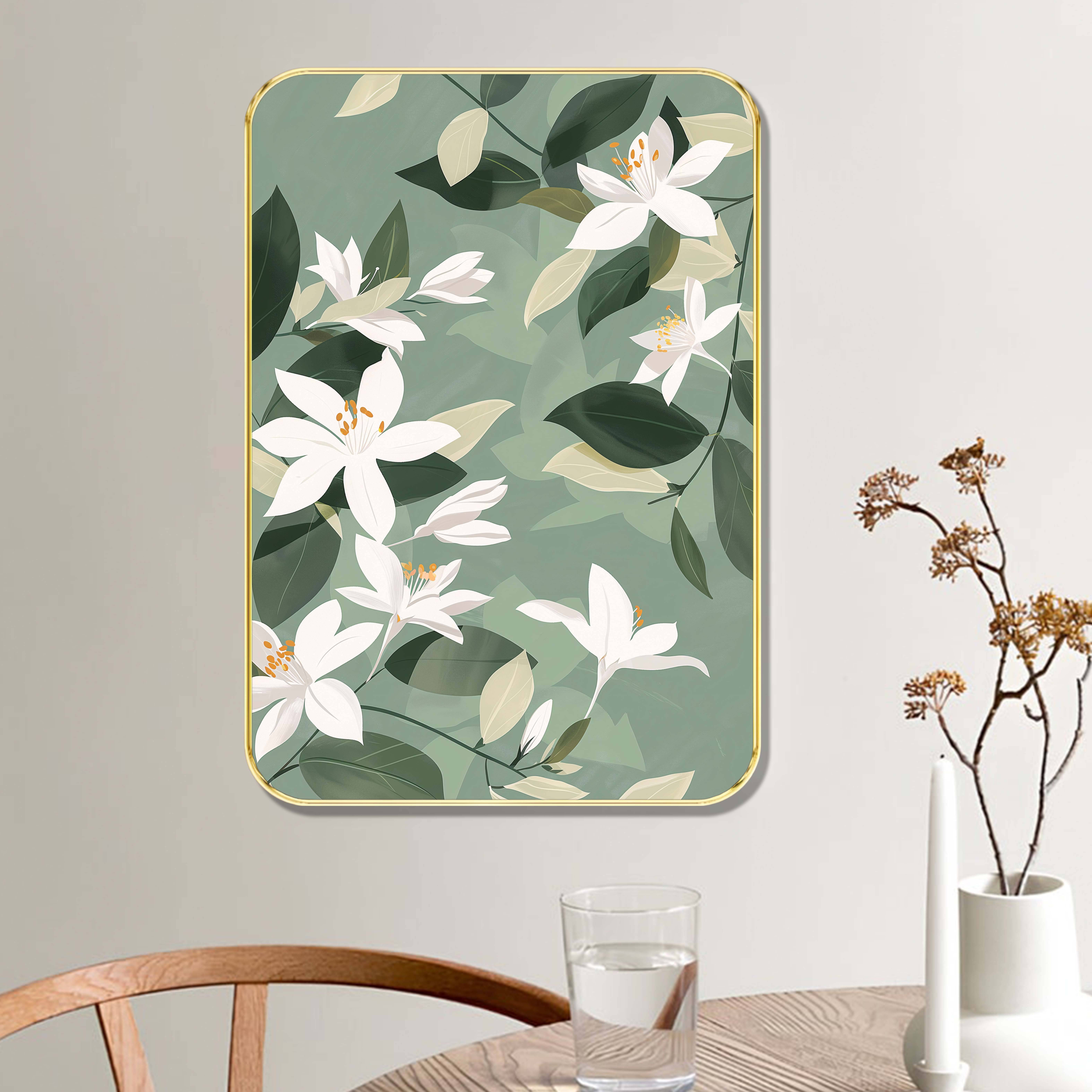     			Saf Botanical Green Wall Art | White Floral Painting with Golden Frame | Elegant Large Decorative Wall Hanging for Living Room Bedroom Office Hallway Home Decor