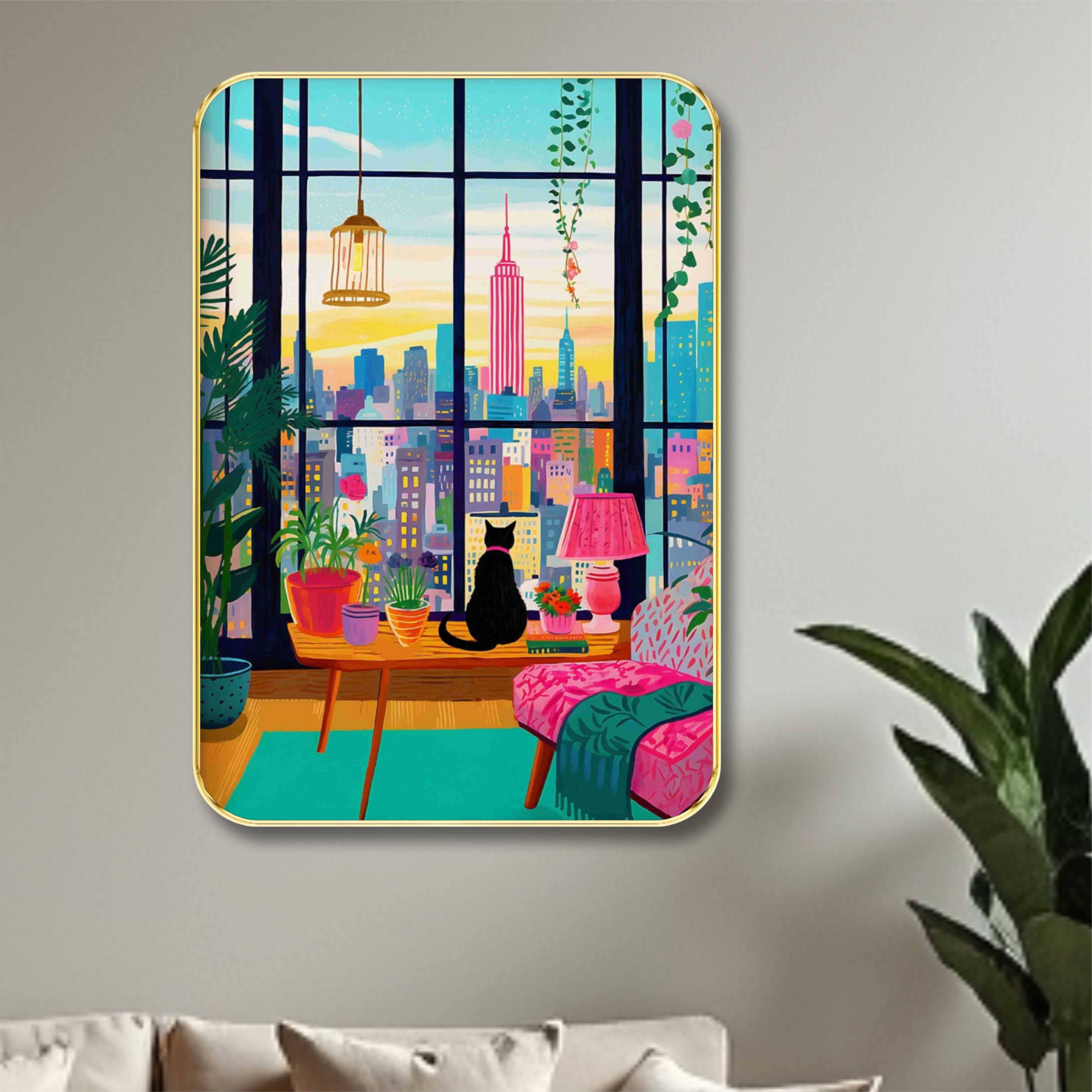 Saf City View Window Wall Art with Golden Frame | Cat Watching Skyline Painting for Living Room, Bedroom, Study | Cozy Urban Apartment Framed Decorative Print Saf City View Window Wall Art with Golden Frame | Cat Watching Skyline Painting for Living Room, Bedroom, Study | Cozy Urban Apartment Framed Decorative Print