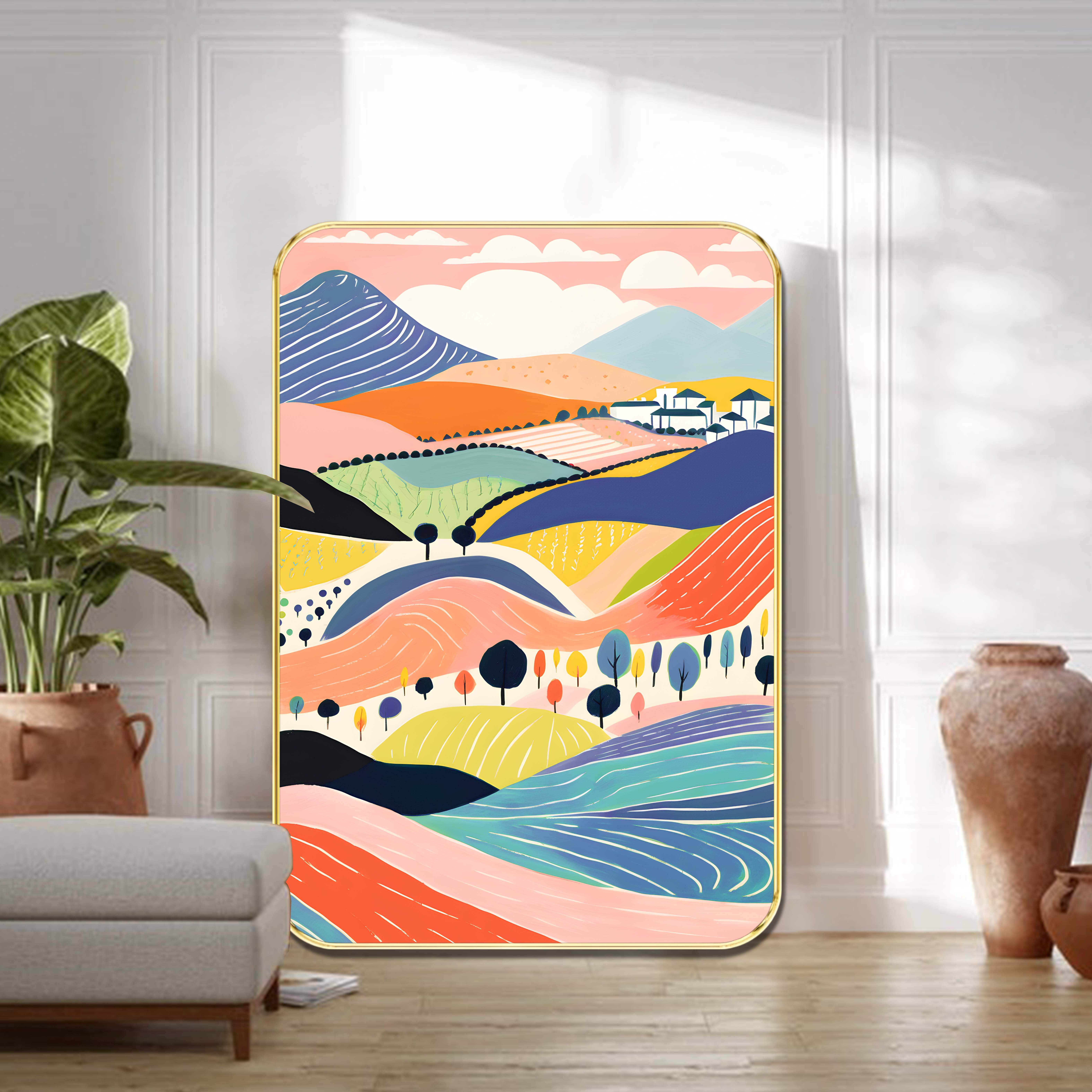     			Saf Colorful Abstract Landscape Wall Art with Golden Frame | Vibrant Rolling Hills, Trees & Village Illustration | HD Printed Nature Artwork for Living Room, Office, Hall