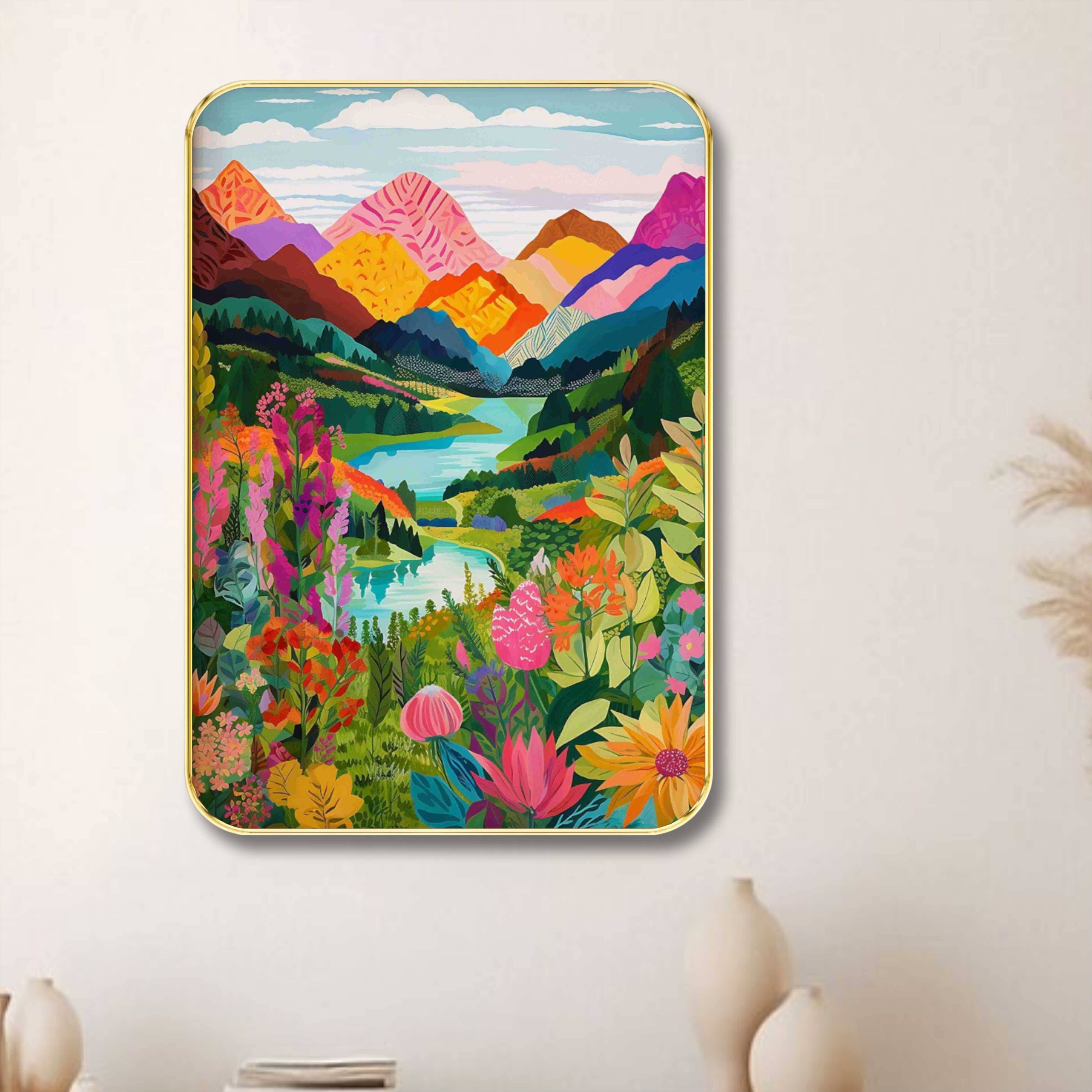     			Saf Colorful Mountain Landscape Wall Art with Golden Frame | Floral Valley & River View Painting for Living Room, Office, Balcony | Vibrant Nature Scene Framed Print