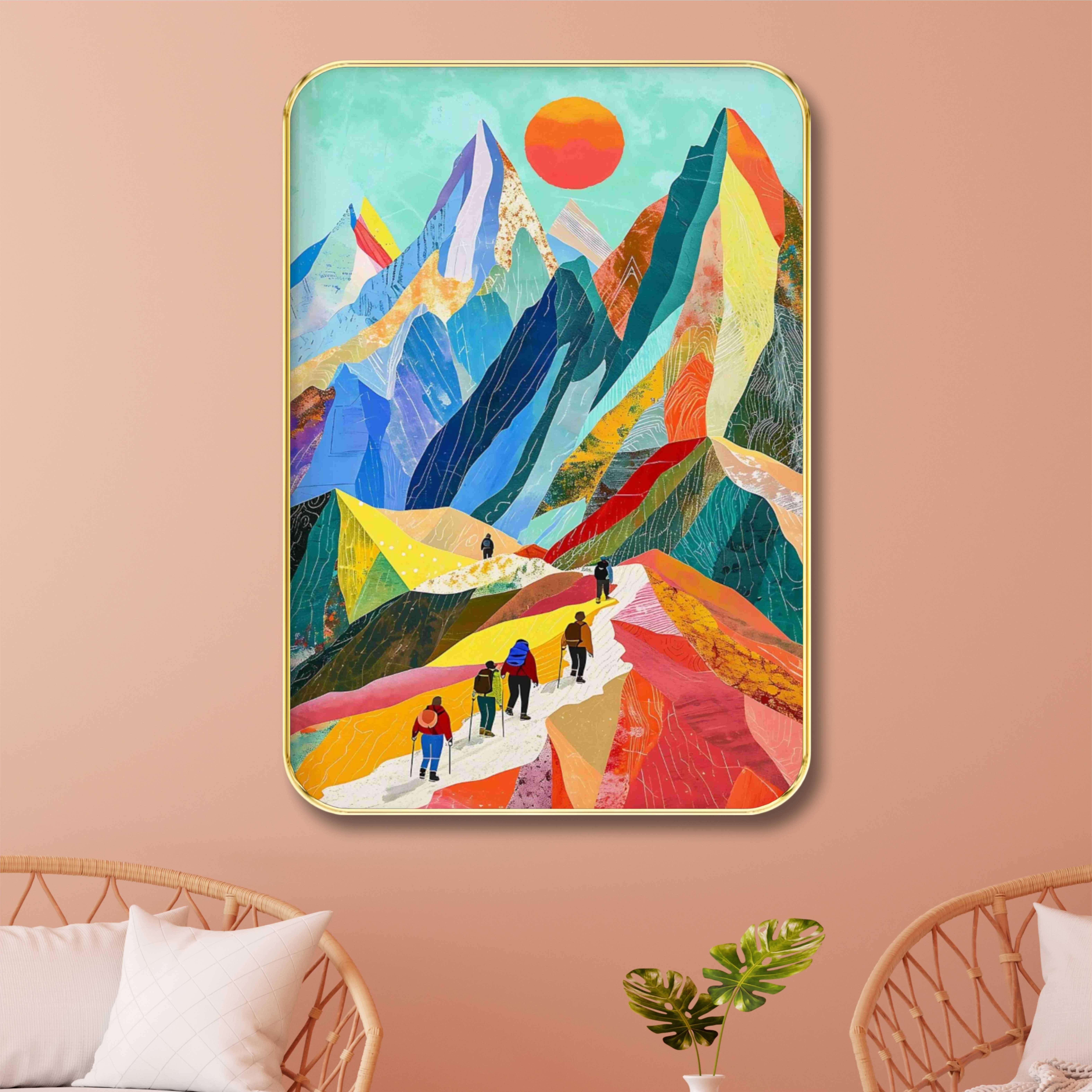    			Saf Colorful Mountain Trek Wall Art with Golden Frame | Adventure Hiking Painting for Living Room, Office, Study | Bold Landscape with Climbers Framed Print