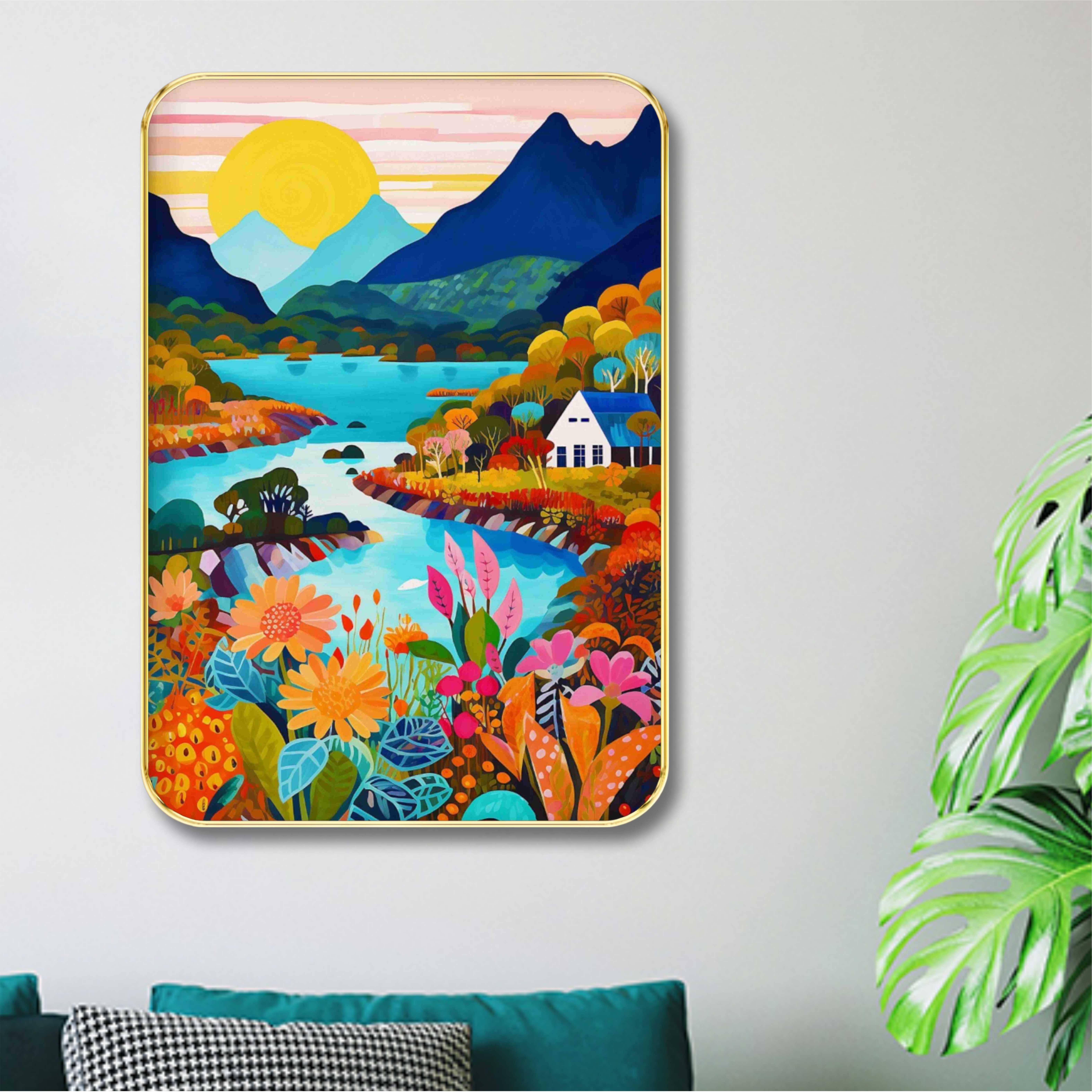 Saf Colorful River Valley Wall Art with Golden Frame | Bright Mountain Landscape & Floral Field Painting for Living Room, Office, Hallway | Vibrant Framed Nature Print     			Saf Colorful River Valley Wall Art with Golden Frame | Bright Mountain Landscape & Floral Field Painting for Living Room, Office, Hallway | Vibrant Framed Nature Print
